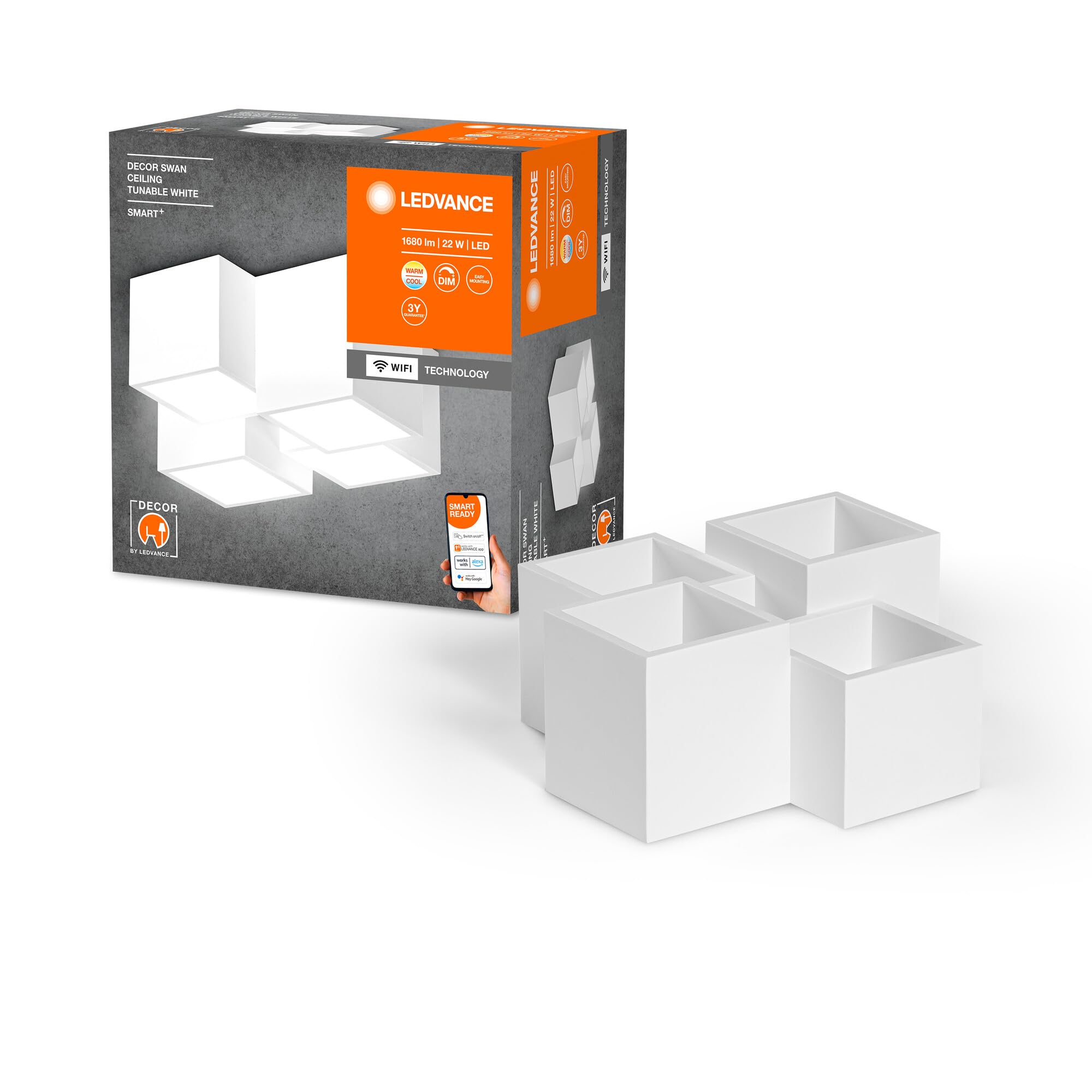 LEDVANCE SMART+ DECOR Swan plafoniera WiFi, bianca, 22W, 1680lm, luce bianca regolabile 3000-6500K, DIM, luce verso l'alto e il basso, controllabile tramite app, compatibile con Amazon, Google