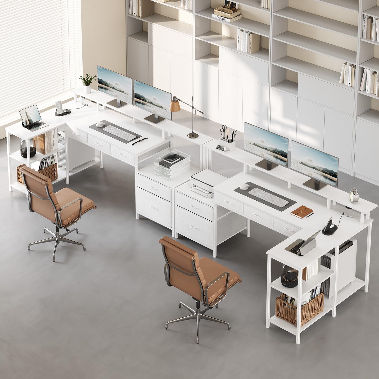 Seventable Schreibtisch L Form, Computertisch mit Steckdose, LED & Monitorständer, Reversibel Eckschreibtisch mit Schubladen, perfekt für Schlafzimmer Büro Wohnzimmer, Weiß