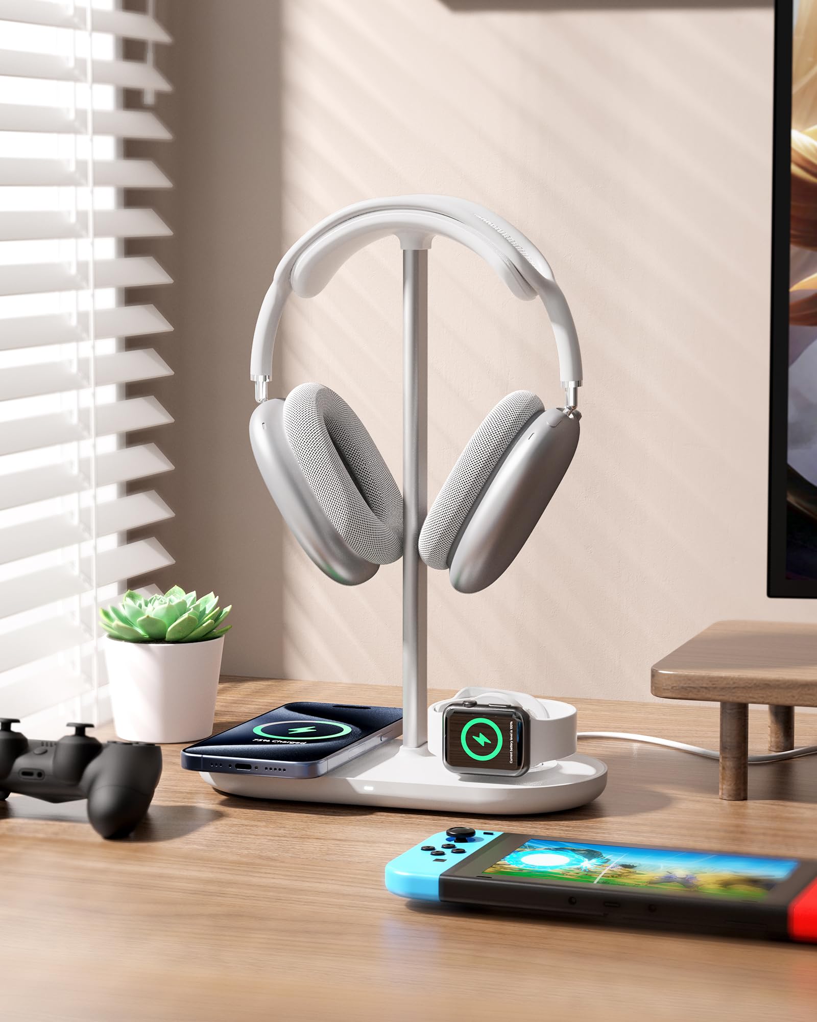 Supporto per cuffie, doppio supporto per controller, caricatore MagSafe per iPhone/iWatch | Supporto per cuffie da gioco RGB per tutte le cuffie, doppia uscita, base solida in ABS, adattatore incluso