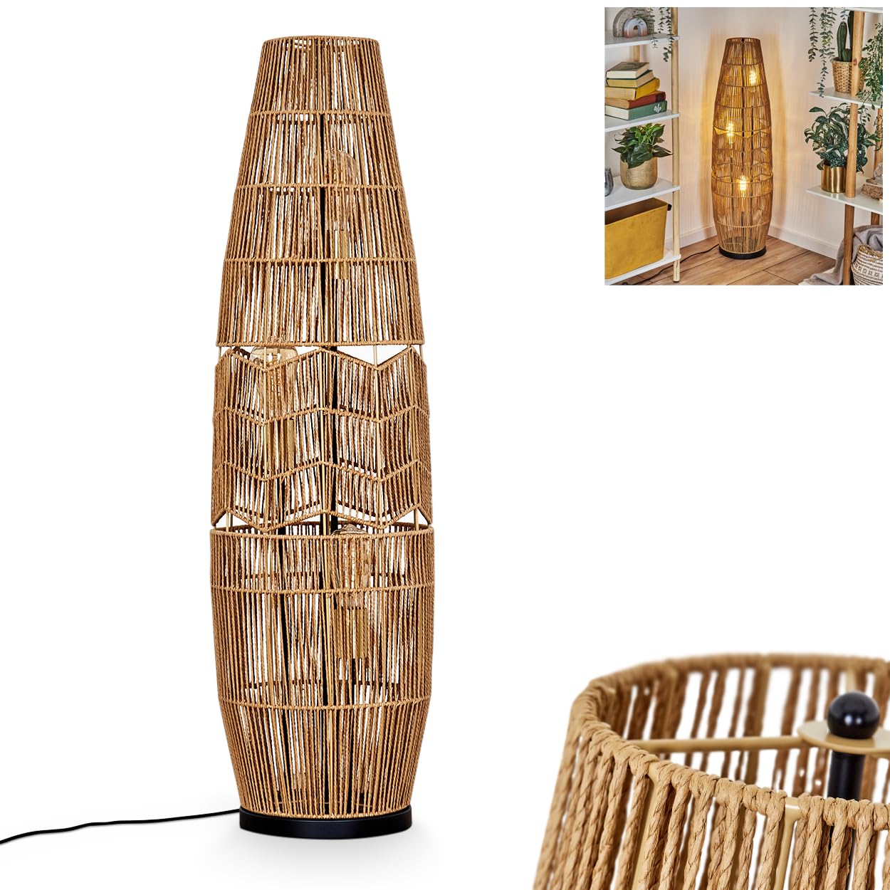 Lámpara de pie Karby, de metal/cuerda en negro/marrón/dorado, diseño boho con pantalla de rejilla (Ø 30 cm), altura 105 cm, interruptor de encendido/apagado en el cable, 3 x E27, sin bombilla