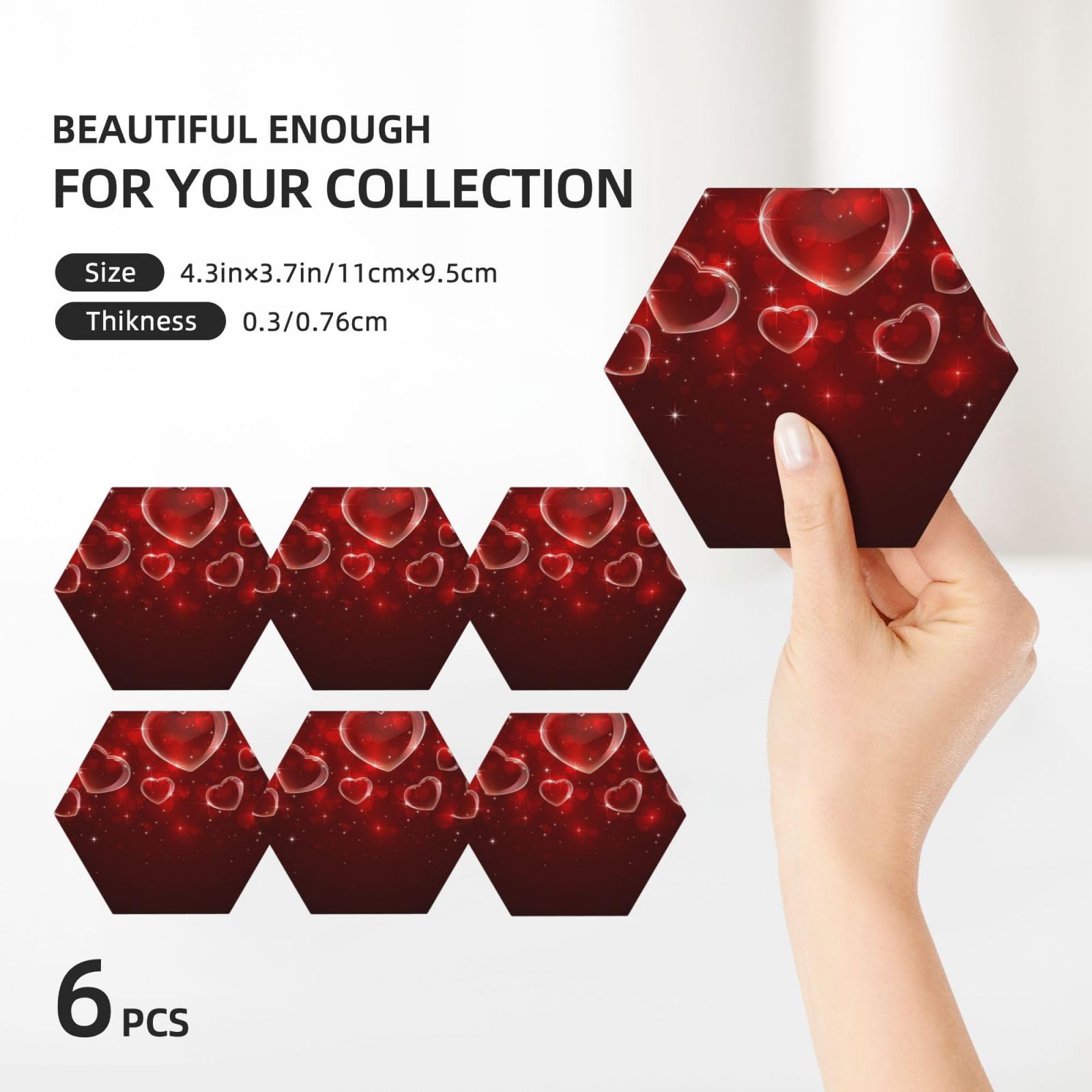 Lot de 6 dessous de verre absorbants en céramique avec base en liège Motif cœur rouge