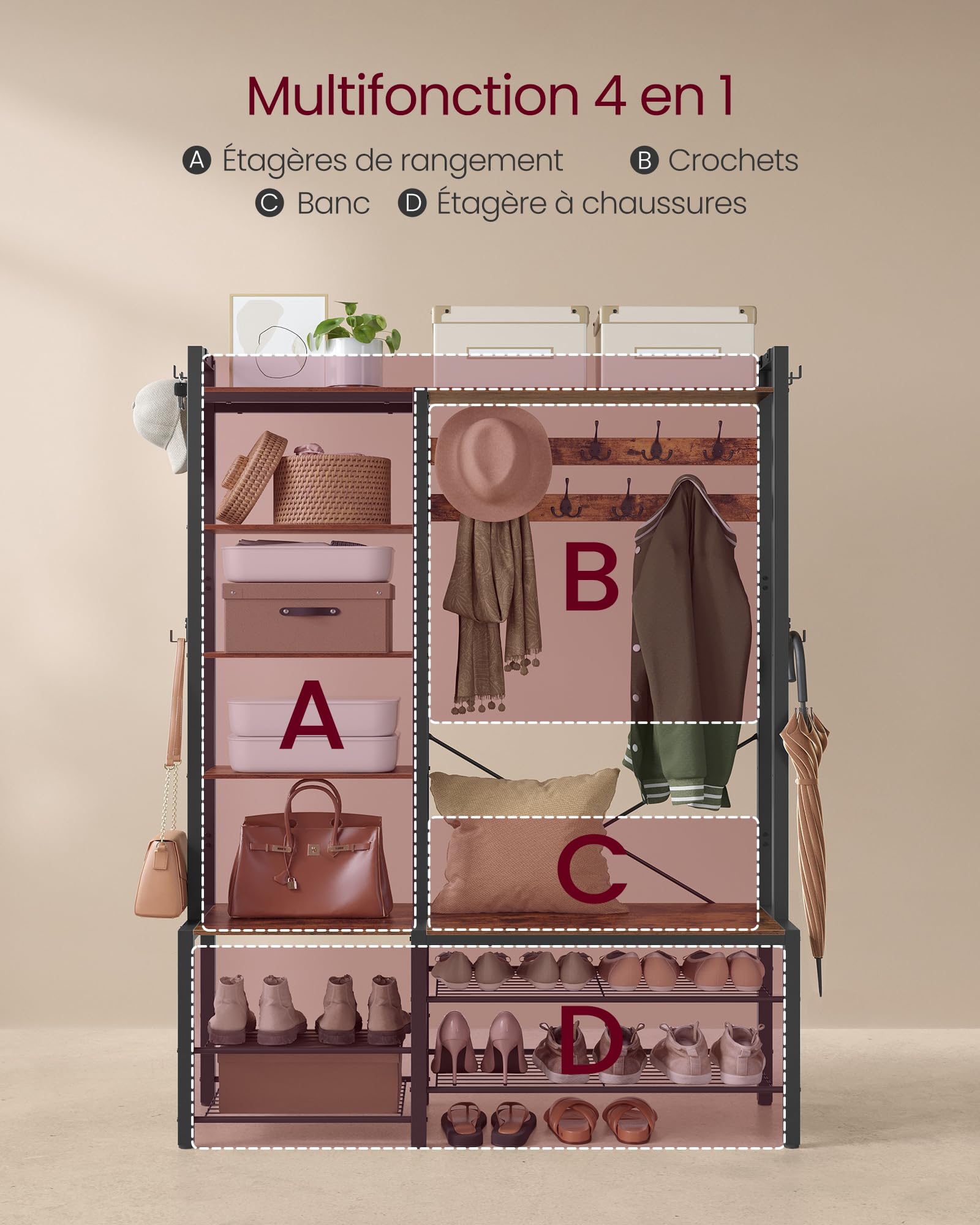 VASAGLE Porte-Manteau, Meuble d’Entrée, avec Porte-Chaussures, 5 Étagères de Rangement, 9 Patères et 6 Crochets Latéraux, 40 x 120 x 190 cm, Marron Rustique et Noir d’Encre HSR426B01