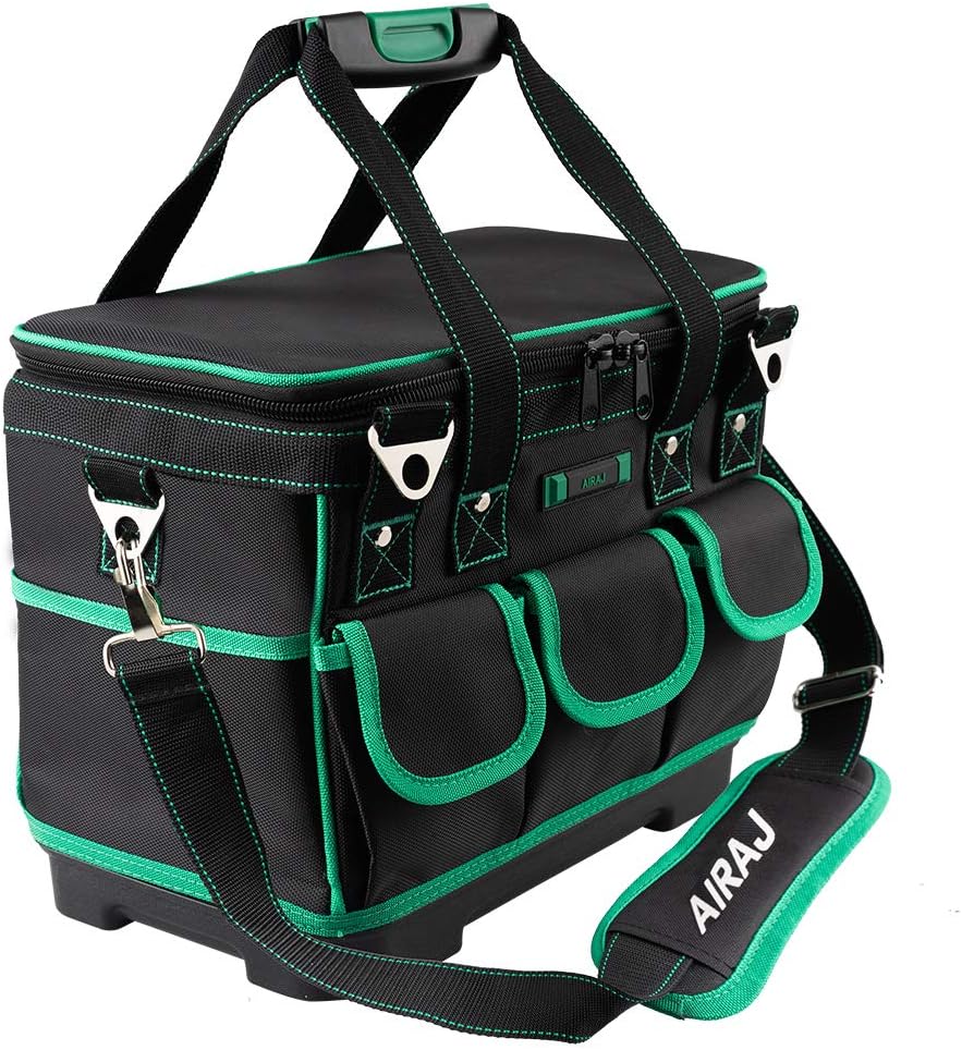 AIRAJ 16 " Square Wide Mouth Tool Bag,Large Capacity Men's Toolkit, Heavy Duty Waterproof Tool Storage Bag with Adjustable Shoulder Strap,Durable Molded Base Tool Tote Bag,Green Black