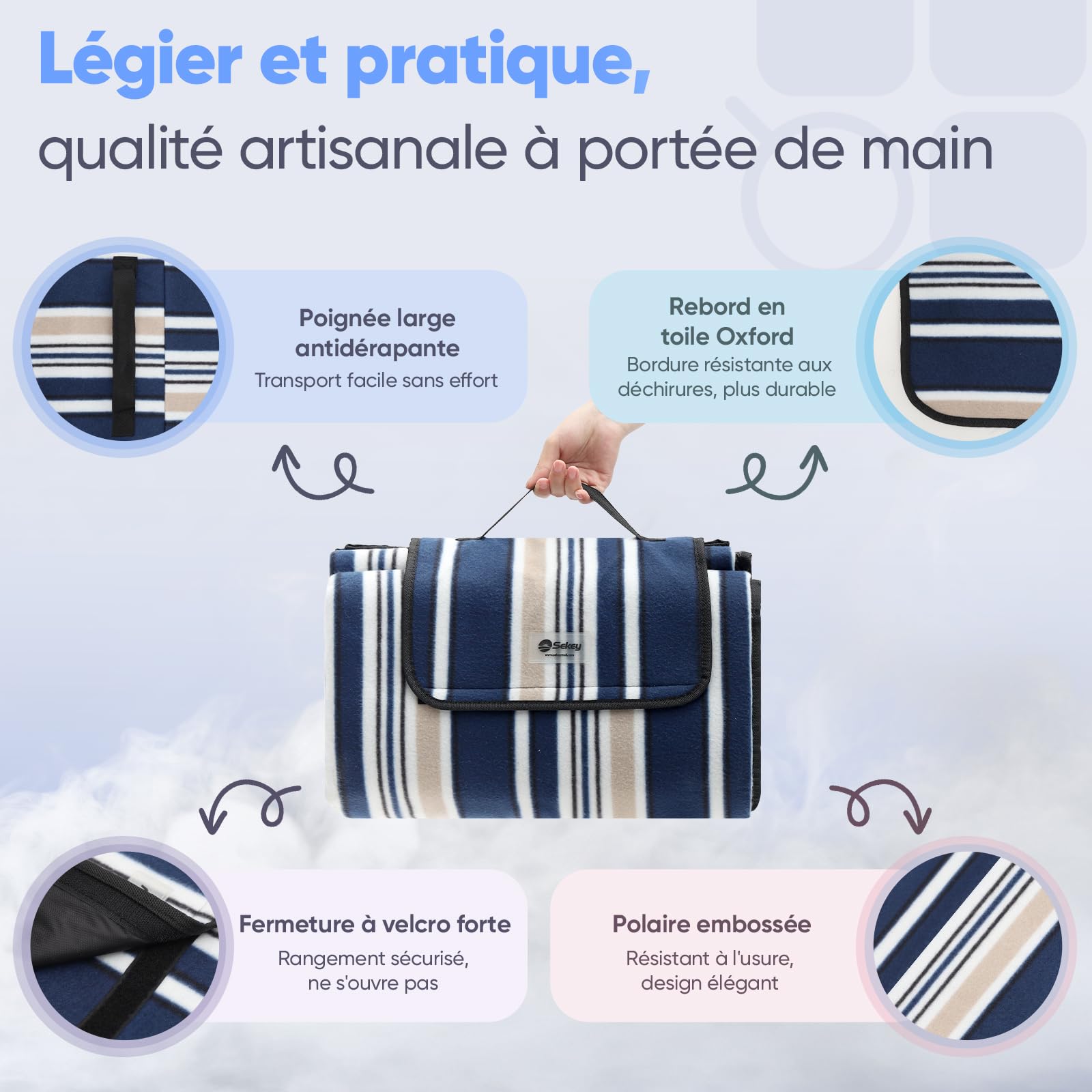 Sekey Couverture Pique-Nique 200x200 cm, Nappe Anti-Sable, Fond PEVA Imperméable, Tapis Pique-Nique Pliant, Idéal pour Camping, Plage et Pré, Rayures Bleu-Blanc-Beige