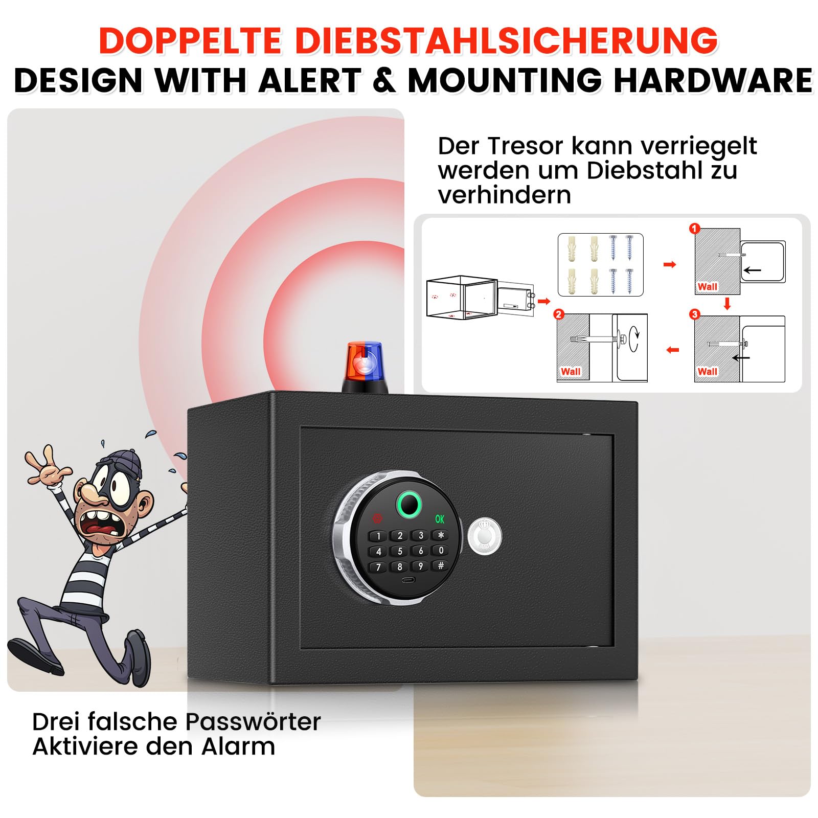 Biometrischer Tresor 18L mit Fingerabdruck – Digitaler Safe für Zuhause, Diebstahlsicherer Möbeltresor für Geld, Dokumente, Reisepass & Medikamente