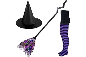 Enchanting Witch Accessory Trio: Sparkly Hat, Shimmering Tights, and Glowing Broom for Halloween Festivities