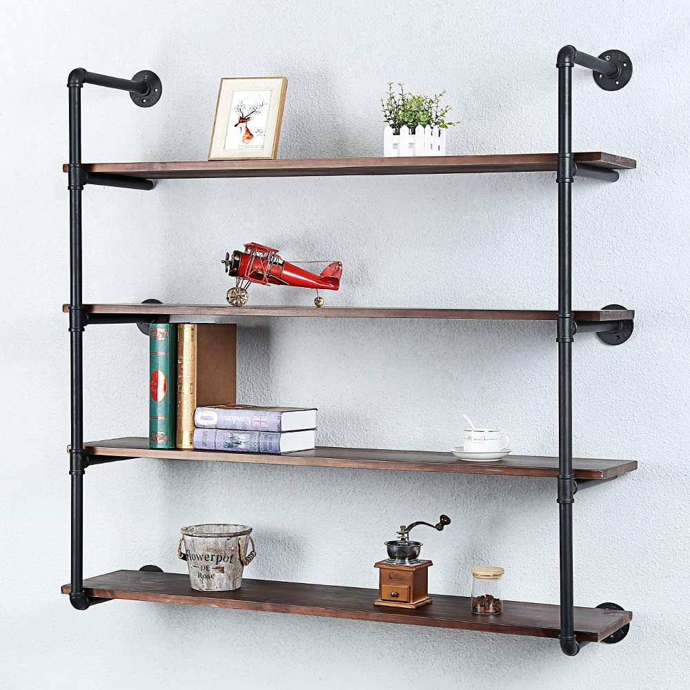 Industrial Pipe Shelving Wall Mounted,48in Rustic Metal Floating Shelves,Steampunk Real Wood Book Shelves,Wall Shelf Unit Bookshelf Hanging Wall Shelves,Farmhouse Kitchen Bar Shelving(5 Tier)