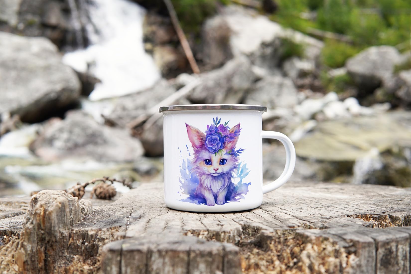 Tazza Da Campeggio Smaltata 350 Ml - Design Gatto Strega Acquerello - Vintage Per Caffè E Tè - 2