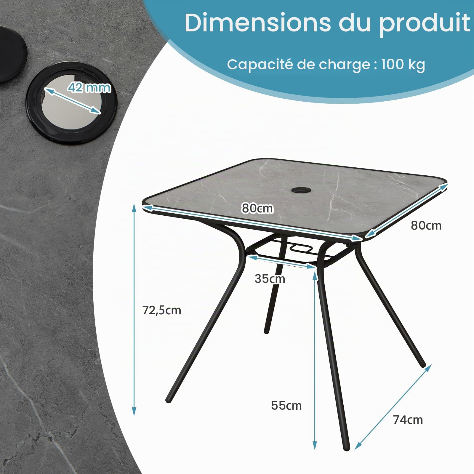 Giantex Table de Jardin, Table avec Trou Central pour Parasol, Table Carrée Extérieure, Cadre en Métal, Capacité de Charge 100 kg, Plateau Imitation Marbre, Noir