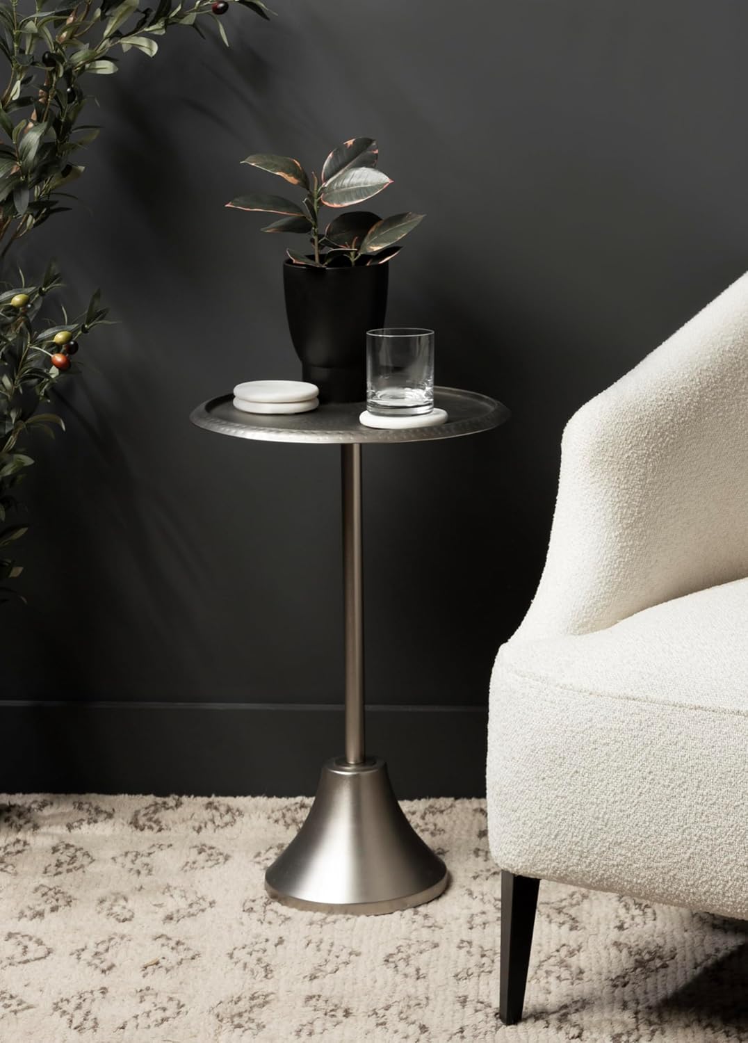 Kate and Laurel Sanzo Modern Pedestal Side Table; 15 x 15 x 24; Antique Silver; Decorative End Table with Hammered Tabletop for Use as a Bedroom Nightstand or Living Room Accent Table