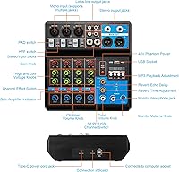 Vista 3 de Mini mezcladores de DJ de 5 canales, mezclador de audio en vivo, tablero de sonido con USB, interfaz de audio con 48 V Phantom Power Sonidos