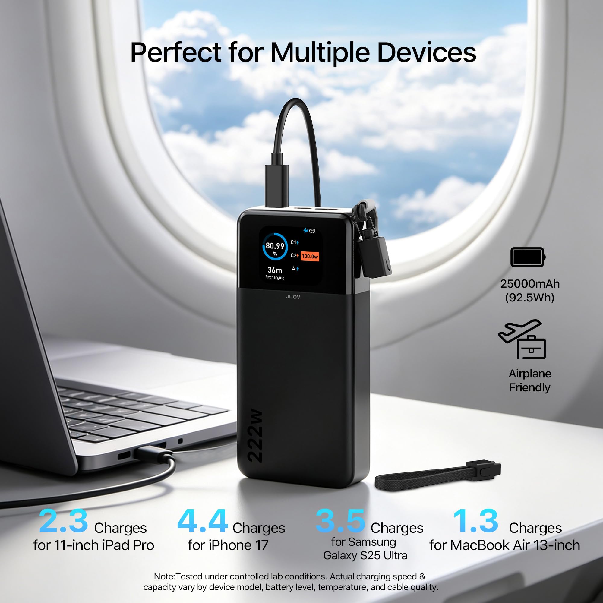 JUOVI 222W Laptop Power Bank 25000mAh con Cavo USB C Rimovibile