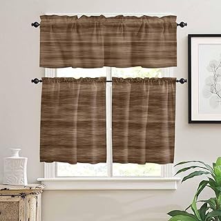 3 Pieces Kitchen Curtains Valance and Tiers Set - 36 Inch Length,Farmhouse Brown Wood Grain Rod Pocket Drapes Short Window Treatment for Cafe Bathroom Bedroom,Rustic Retro Wooden Plank