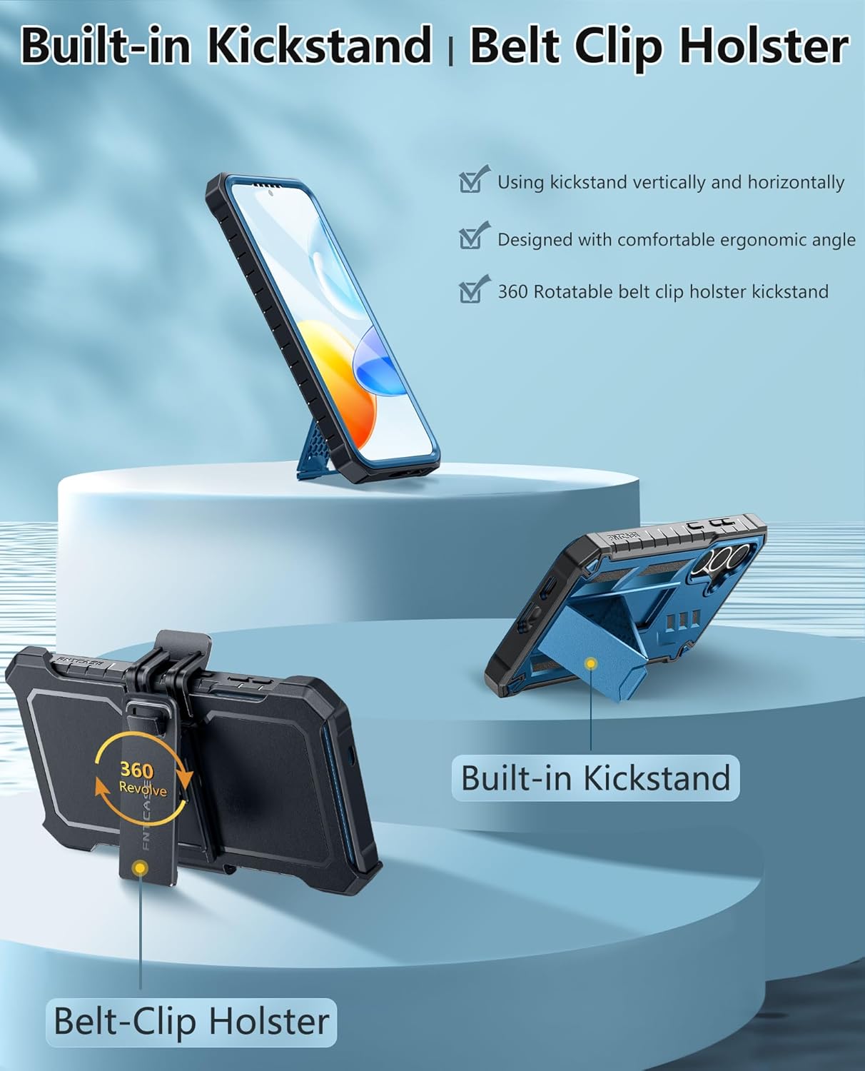 FNTCASE for Samsung Galaxy S25 Case: Military Grade Rugged Cell Phone Cover with Kickstand & Belt Clip Holster | Shockproof TPU Protection Bumper Design for Galaxy S24 Cases 6.2 inch - Blue