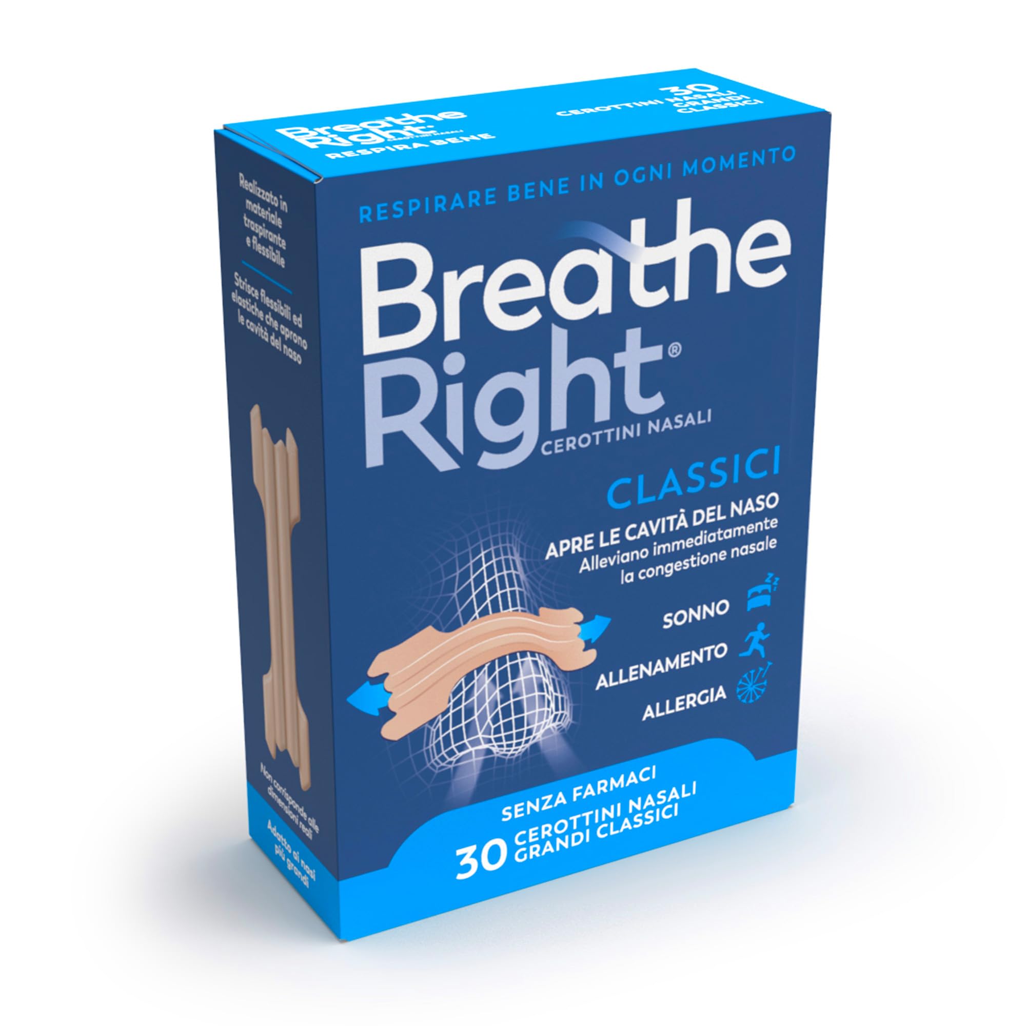 Breathe Right Cerottini Nasali Classici Grandi - Strisce elastiche per apertura narici - Allevia Congestione Nasale da Raffreddore, Allergie, Russamento - Senza Medicinali - Confezione da 30 pezzi