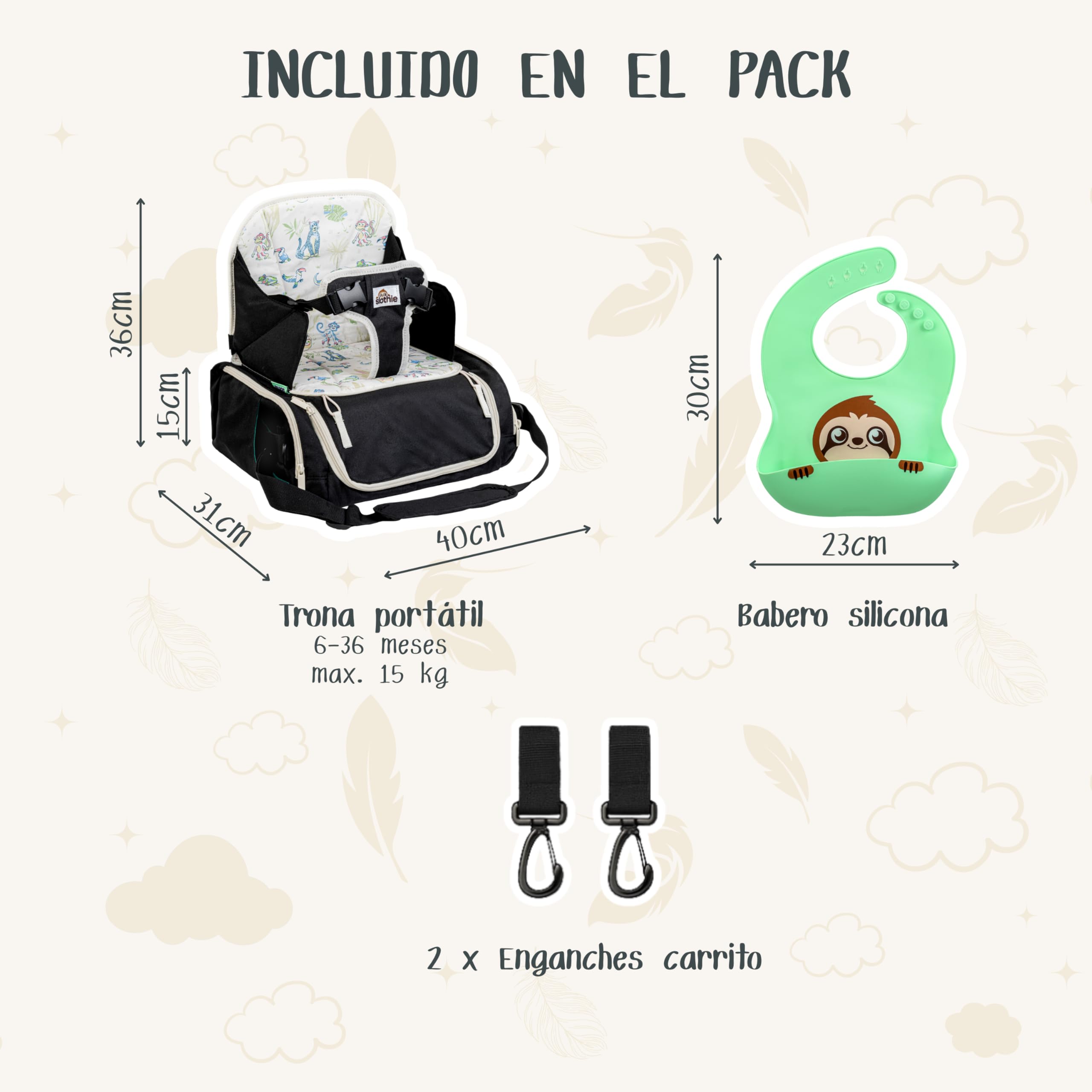 Slothie Trona Portátil para Bebé – Trona de Viaje Portátil para Comer, Asiento Elevador Plegable con Almacenamiento, Incluye Colgador Carrito y Babero de Silicona