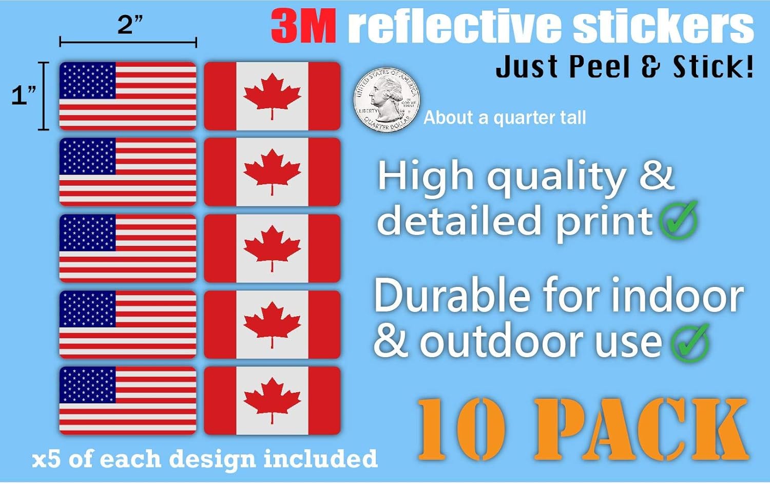 (x10) 3M Reflective Canada and US Flag Stickers | Versatile Safety Decals | Hard Hats, laptops, Bikes, toolboxes