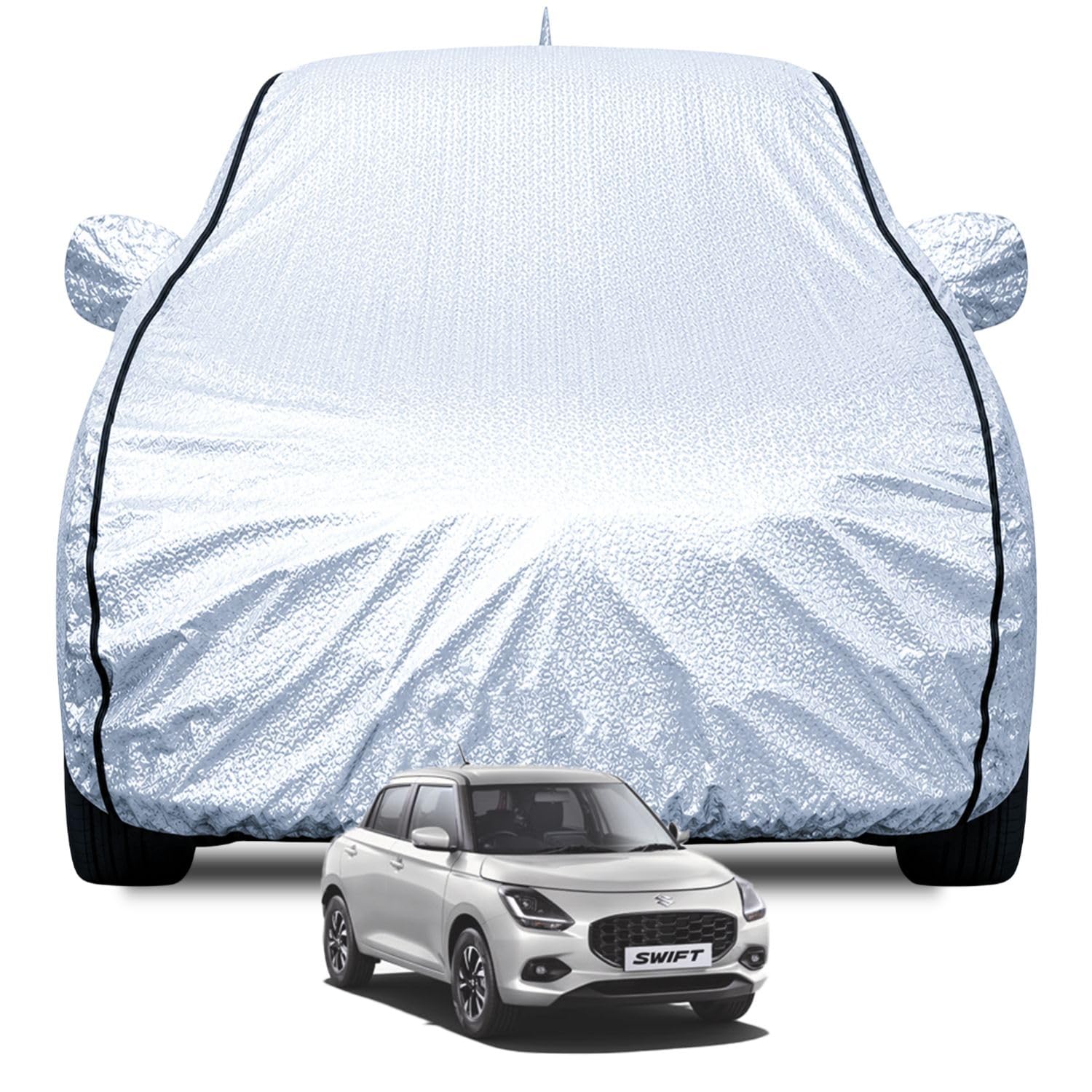 Fabtec Waterproof Car Body Cover with Mirror and Antenna Pocket and Soft Cotton Lining (Full Bottom Elastic Triple Stitched) (Metallic Silver) (for Ma