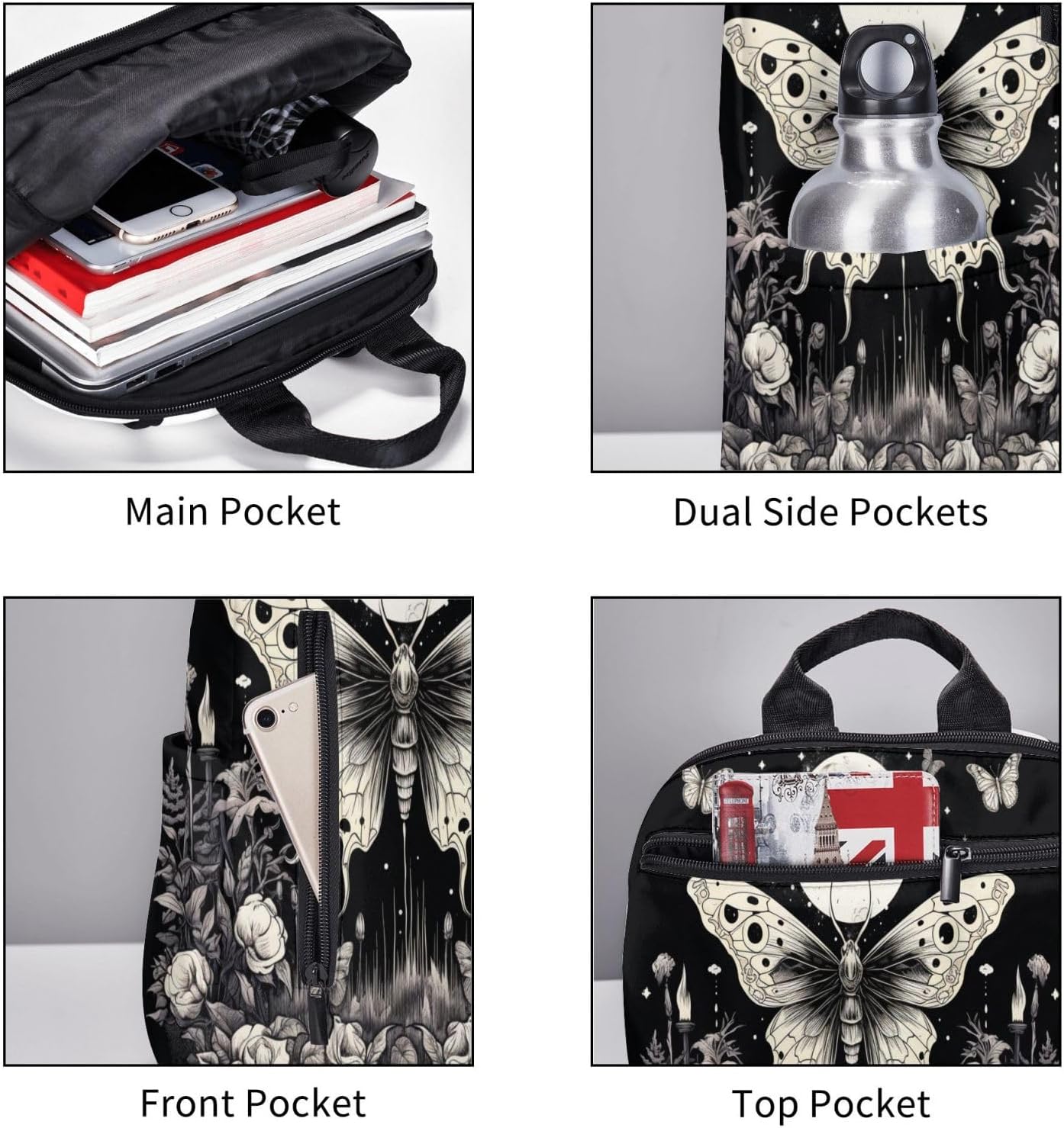 Backpack For Women Men Gothic Moth Butterfly Moon Floral Bookbag Lightweight Travel Casual Daypack Water Resistant Outdoor Hiking Sport Rucksack