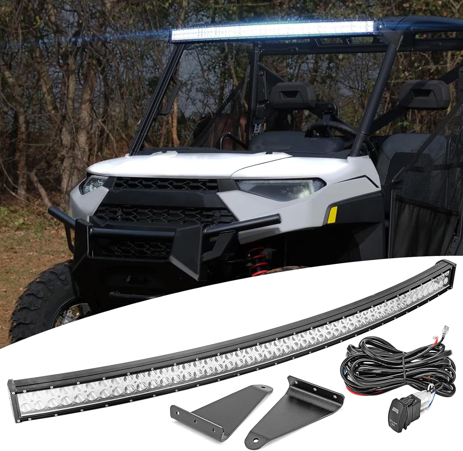 50 inch 288W LED Curved Light Bar Spot/Flood Combo Beam & Upper Roof Windshield Pro-fit Cage Mounting Brackets w/Wiring Kit Compatible with Polaris Ranger 570 900 1000 XP Full-Size