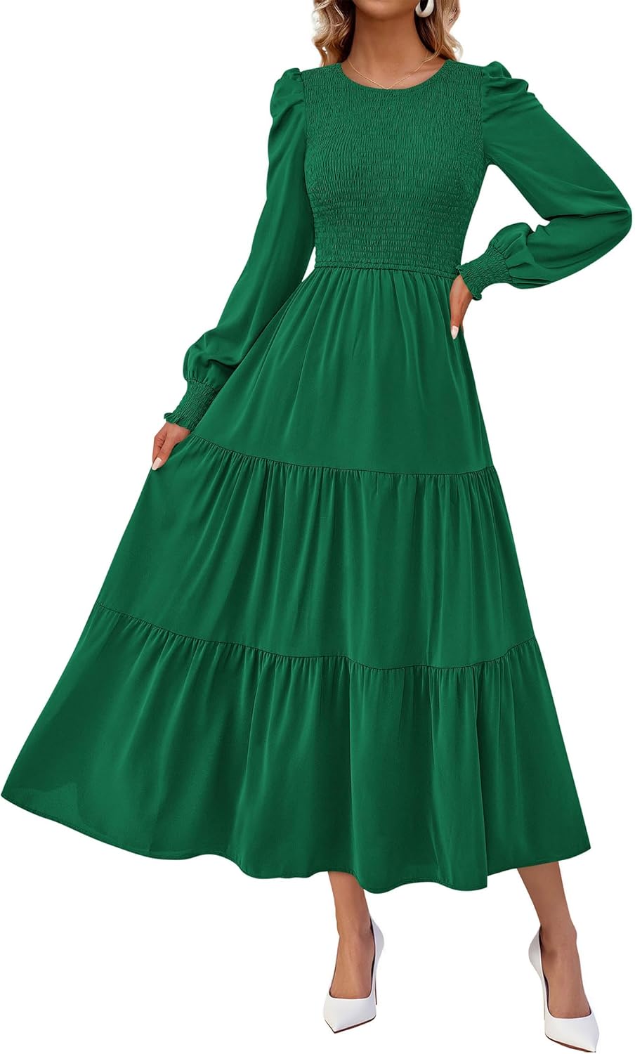 KIRUNDO Fall Dresses for Women 2025 Long Sleeve Maxi Wedding Guest Smocked Crew Neck Empire Waist A Line Flowy Long Dress