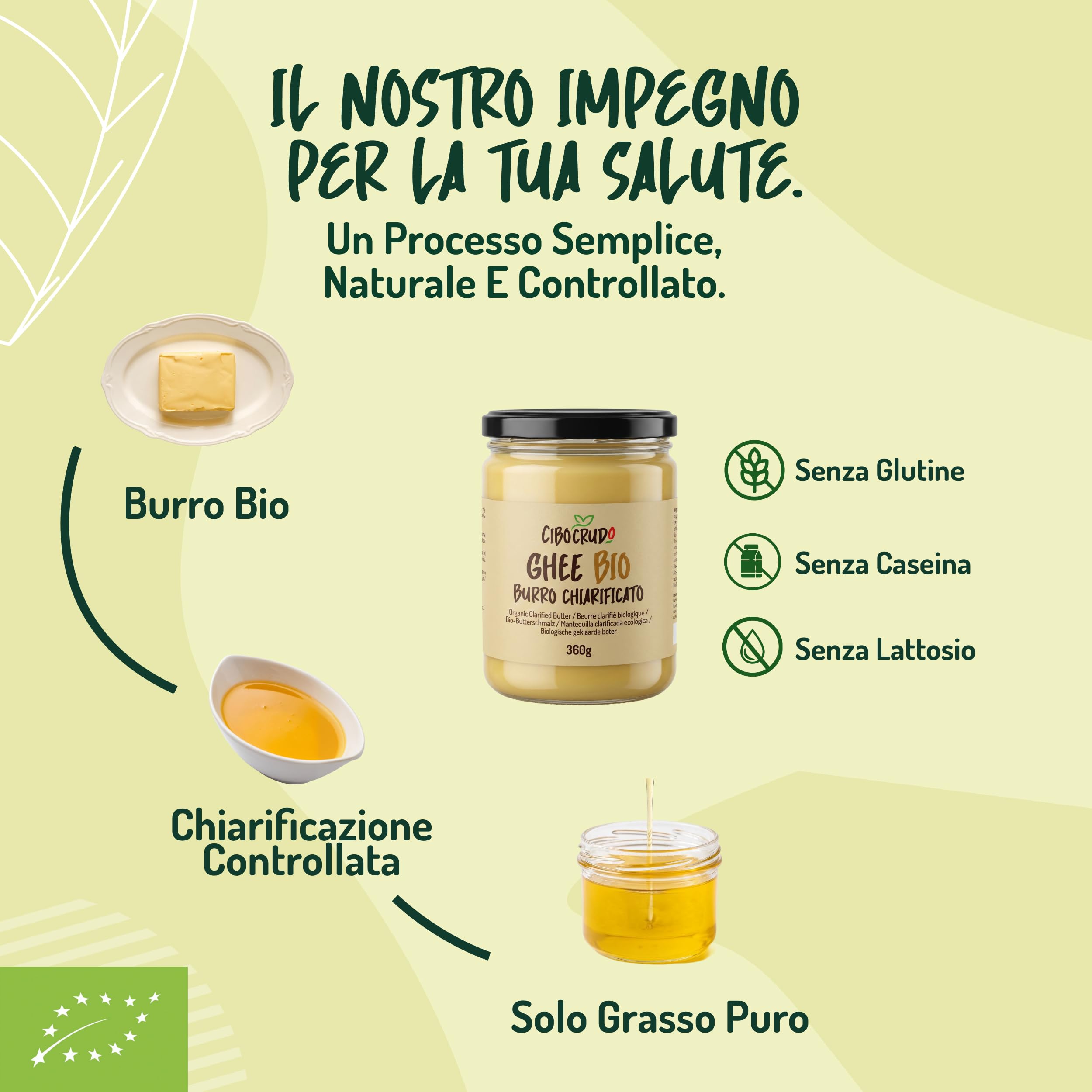 CiboCrudo Ghee Biologico 360g | Burro Chiarificato Biologico Certificato EU | Senza Lattosio | Burro Ghee Puro | Non-GMO | Alta Digeribilità | Senza Additivi