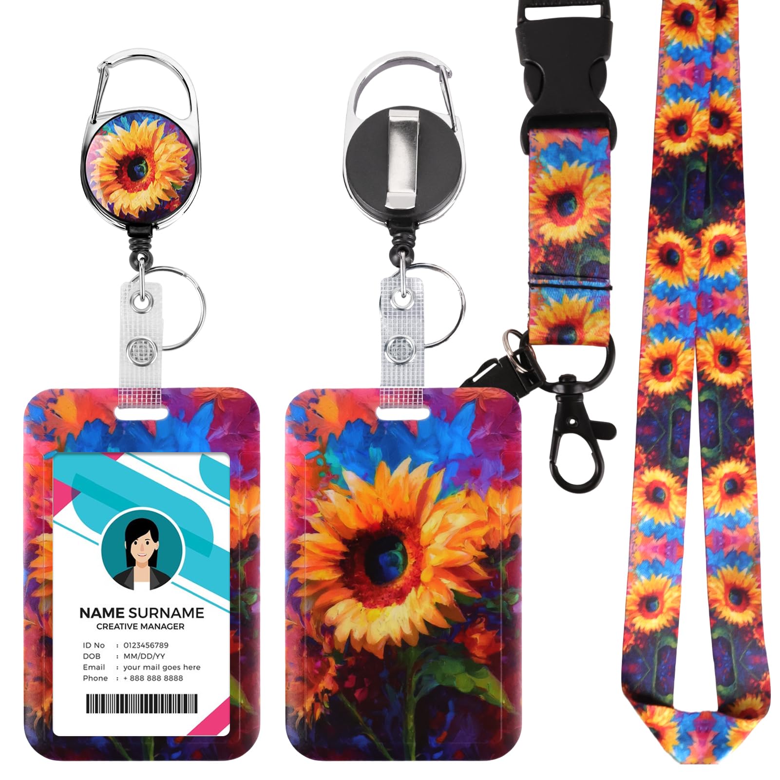 ID Badge Holder with Detachable Lanyard, Retractable Badge Reel, Removable ID Tag Clip, Neck Lanyard (Sunflower 2)