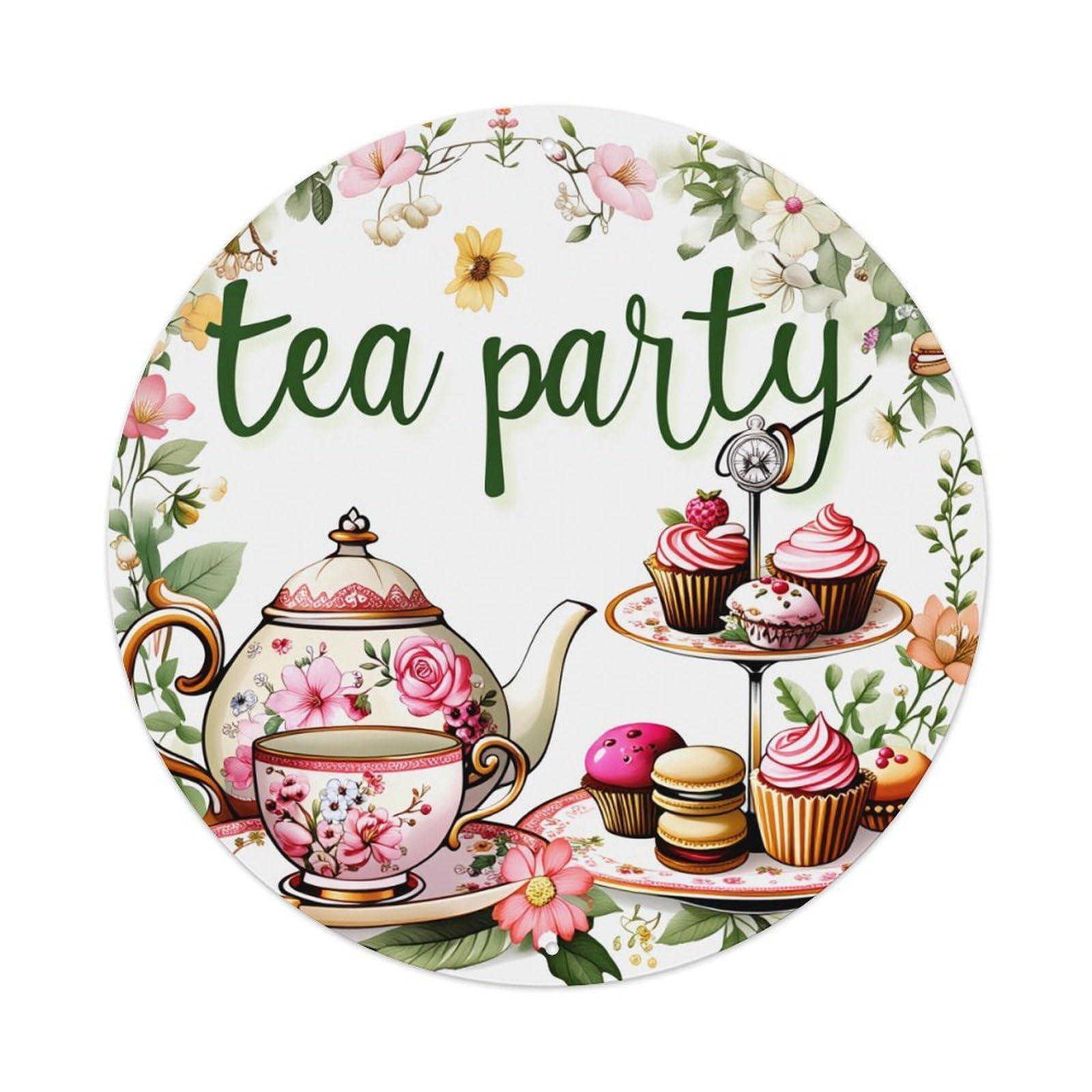 Floral Tea Party Cupcakes Teapot Round Tin Sign Vintage Metal Poster, Home Bar Garage Man Cave Cafe Indoor & Outdoor Wall Decoration 8x8Inches