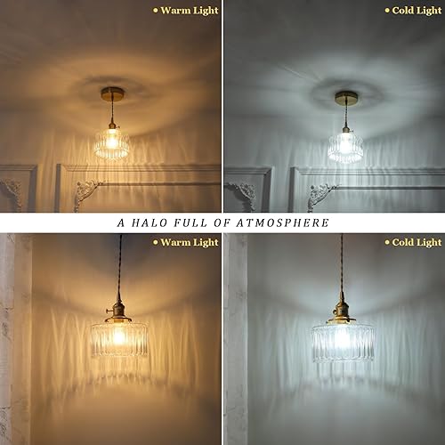 Miniatura 4 de Paquete de 2 lámparas colgantes con pantalla de vidrio transparente a rayas, luz colgante vintage de latón, luz colgante ajustable para cocina,