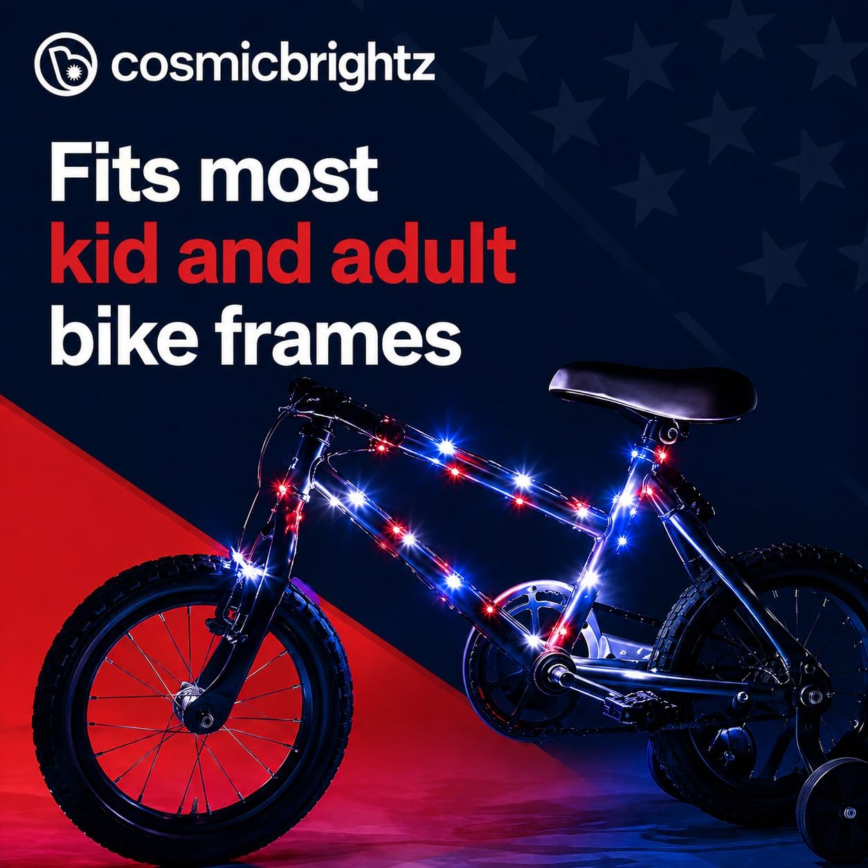 Brightz CosmicBrightz Patriotic LED Bike Frame Rope Light for Kids & Teens | String bike lights for night riding; light-up bicycle decorations; bike accessories for kids
