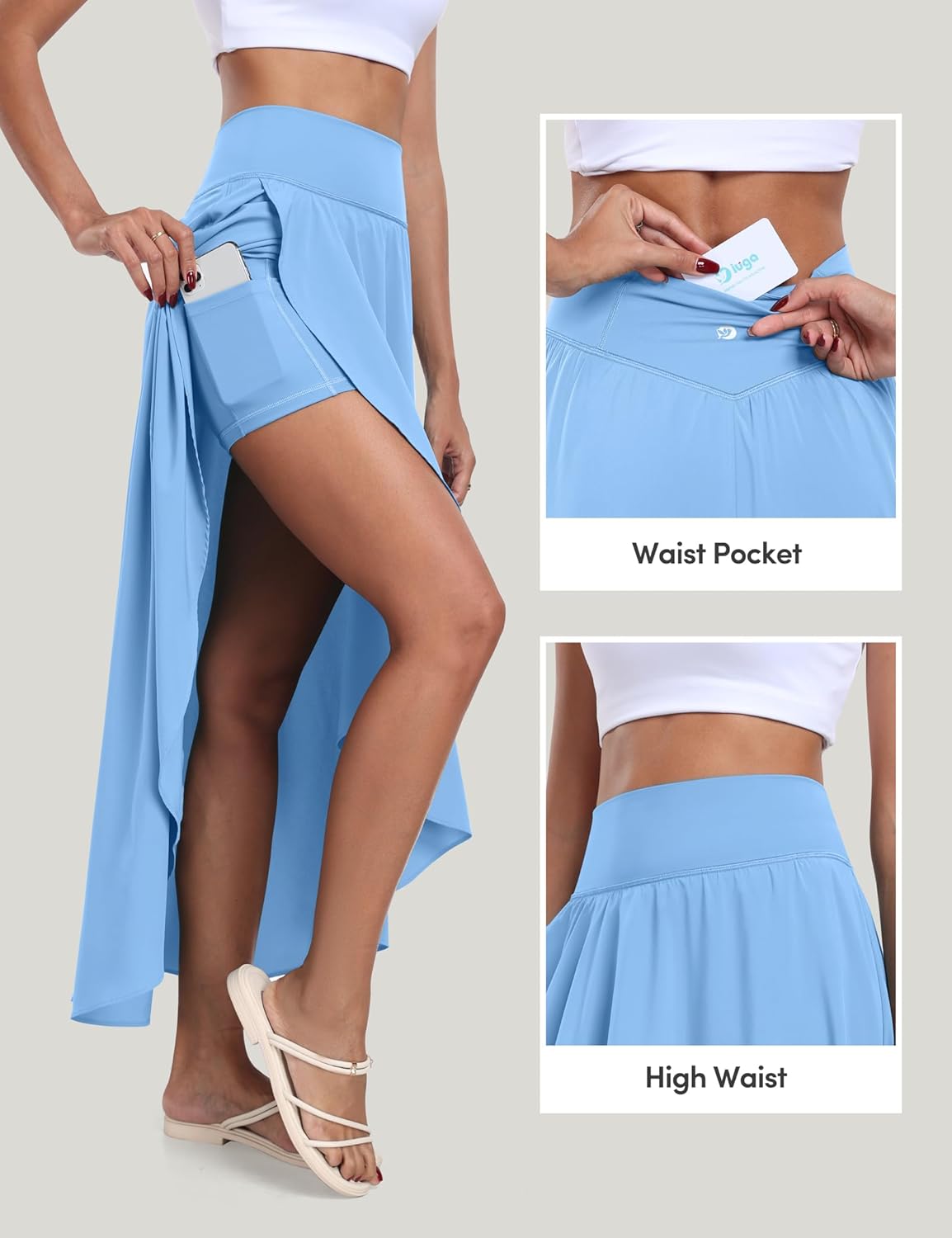 IUGA High Waist Maxi Skirt with Slit Ruffle Wrap Skirt Trendy Flowy Skirts for Women Long Skirts with Shorts Underneath - Image 3