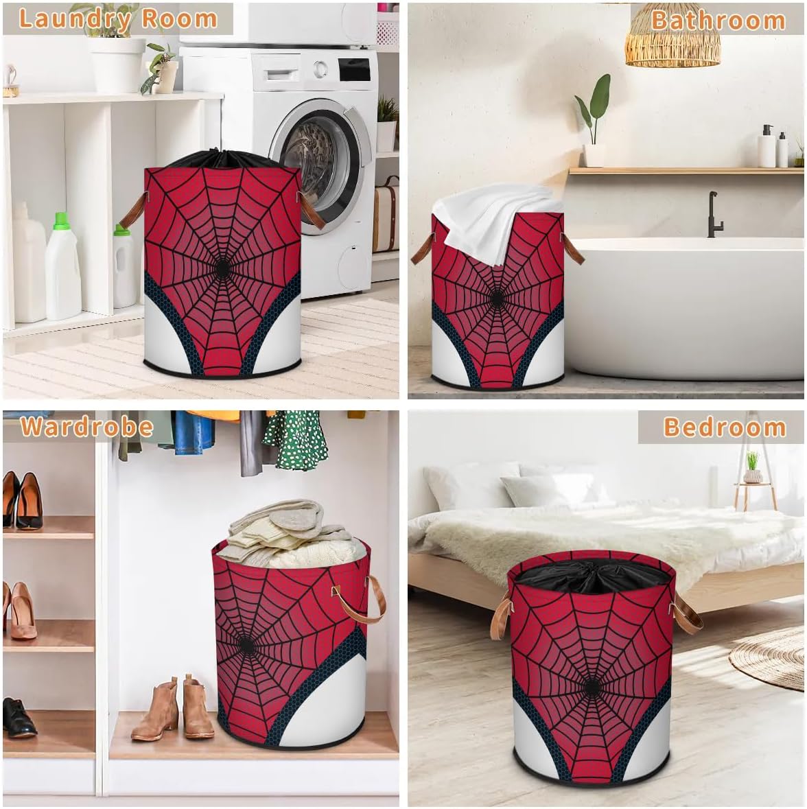 Large Laundry Hamper Basket with Lid, Round Collapsible Storage Organizer Bin for Kids Room, Boys, Nursery, Closet, Bedroom, Playroom, Toys, Dirty Clothes, Red Spider Web 16"W x 20"H