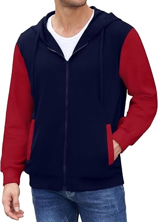 PEGENO Mens Zip Up Hoodie Lightweight Fleece Jacket with Drawstring Hood for Streetwear Hiking Travel Sports and Casual Wear