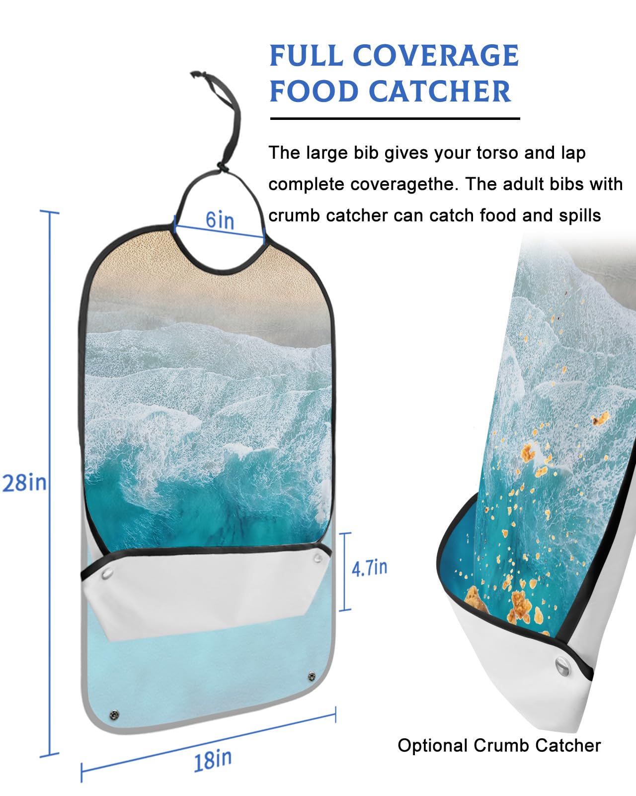 Abstract Ocean Adult Bib for Eating with Crumb Catcher,Washable & Waterproof Terry Cloth Adjustable Elderly Women Men Adult Bibs Funny Apron Clothing Protector Summer Coastal Beach Gradient Waves