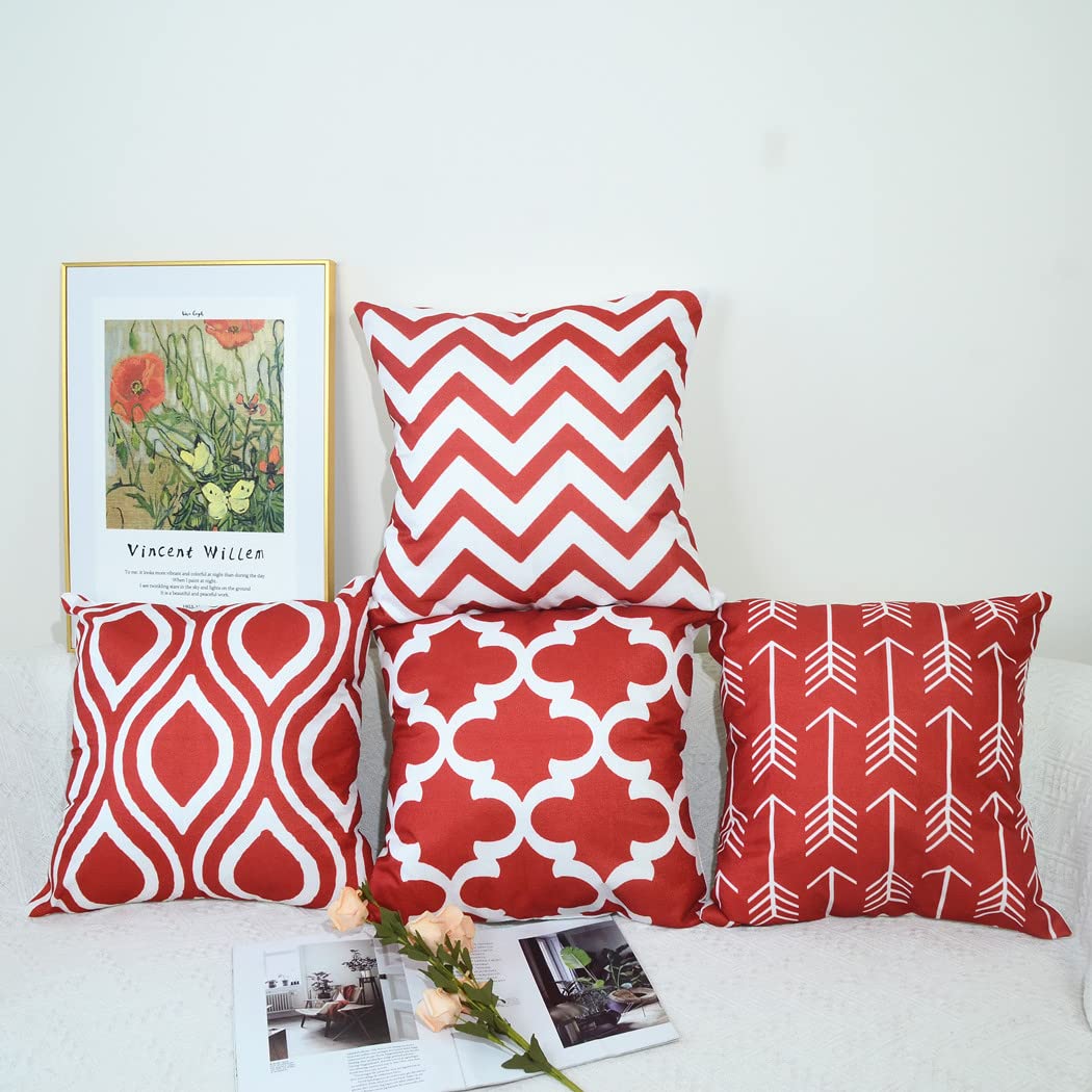 Rosso Federe Cuscini in Cotone e Lino Modello Geometrico,Federa per Divano Camera da Letto Casa All'aperto Terrazza Decorazione per Interni Auto 45x45cm, Set di 6 Pezzi
