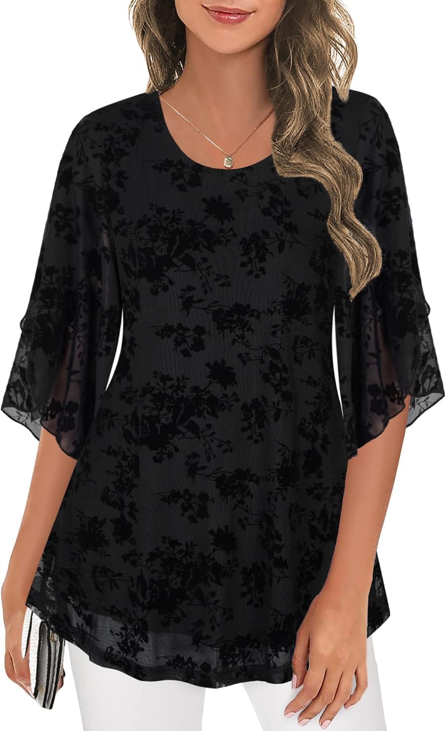 Ninedaily Women's Tops 3/4 Sleeve Blouses Dressy Casual Double Layers Mesh Tunic Shirts - Image 2