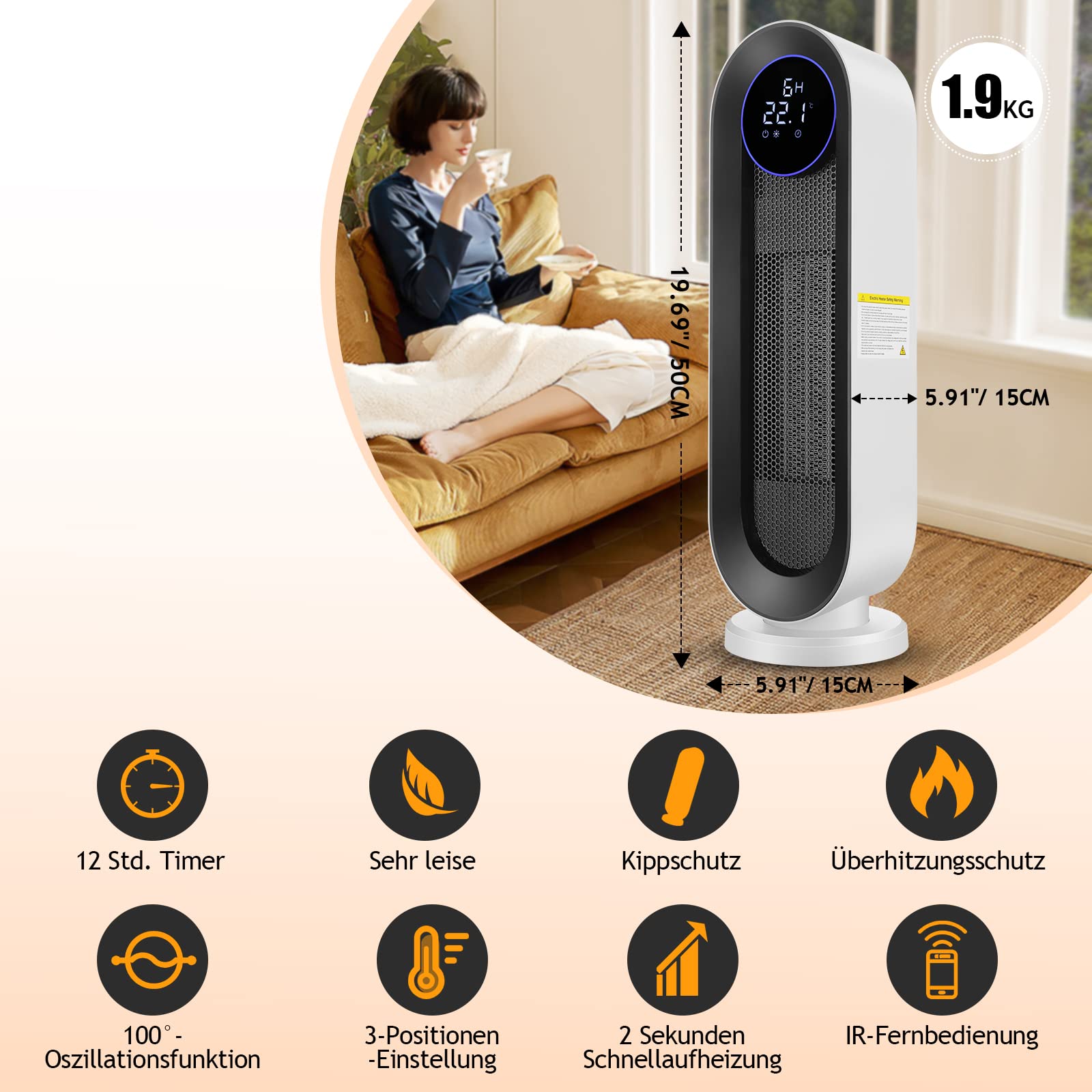 Calentador de ventilador de cerámica, 2000 W, 3 modos, termostato, temporizador de 12 horas, protección contra inclinaciones, 100° oscilante para hogar y oficina, pantalla grande blanca