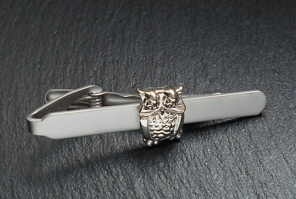 Eulen Set Manschettenknöpfe und kurze Krawattennadel 5,3 cm lang silbern glänzend + Geschenkboxen