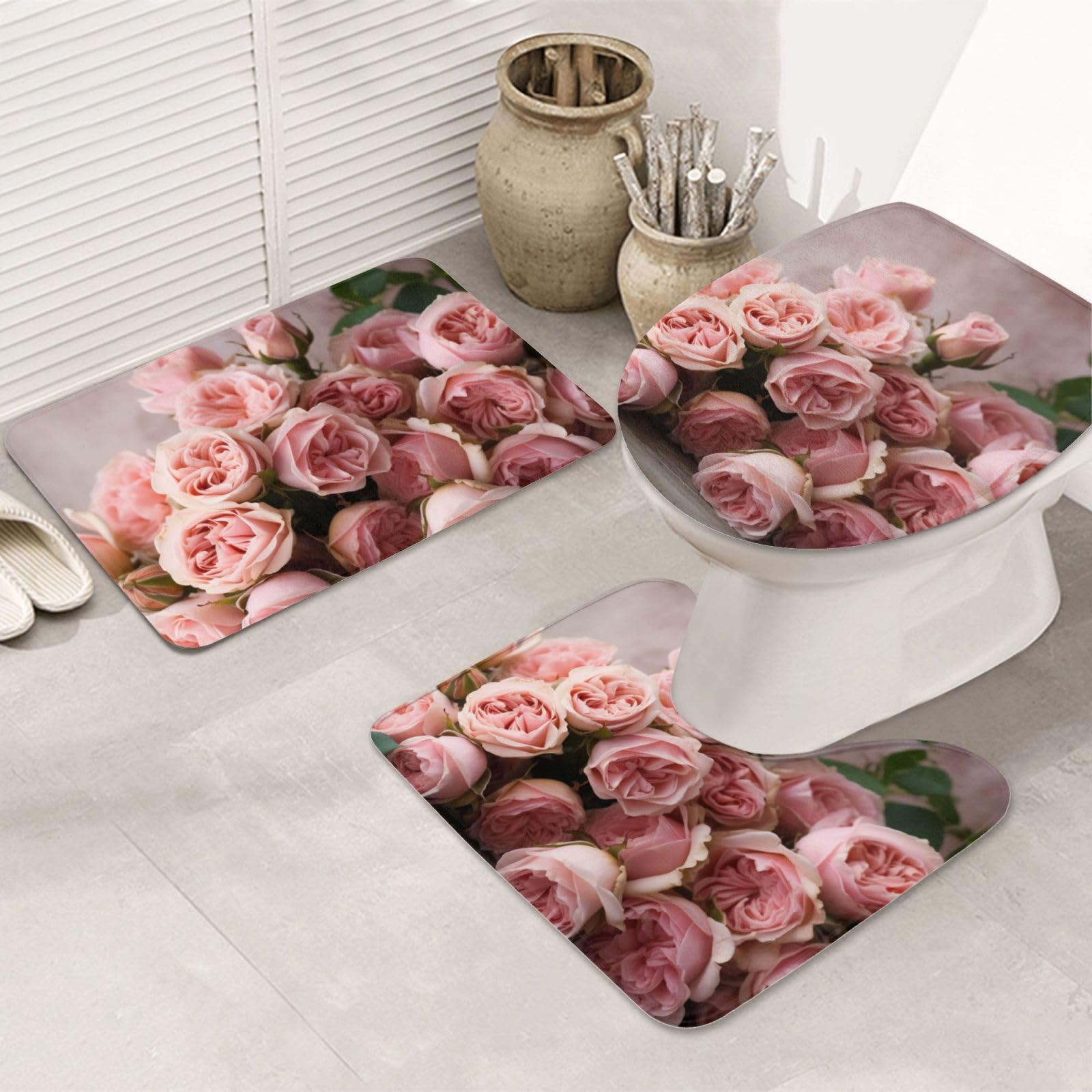 Tapis de bain flanelle absorbant Pink_Roses avec tapis contour WC et couvercle de toilette assorti