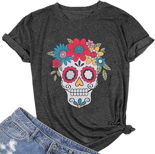 Camisetas de manga corta con diseño de calavera de azúcar para mujer, diseño de calavera y Día de los Muertos