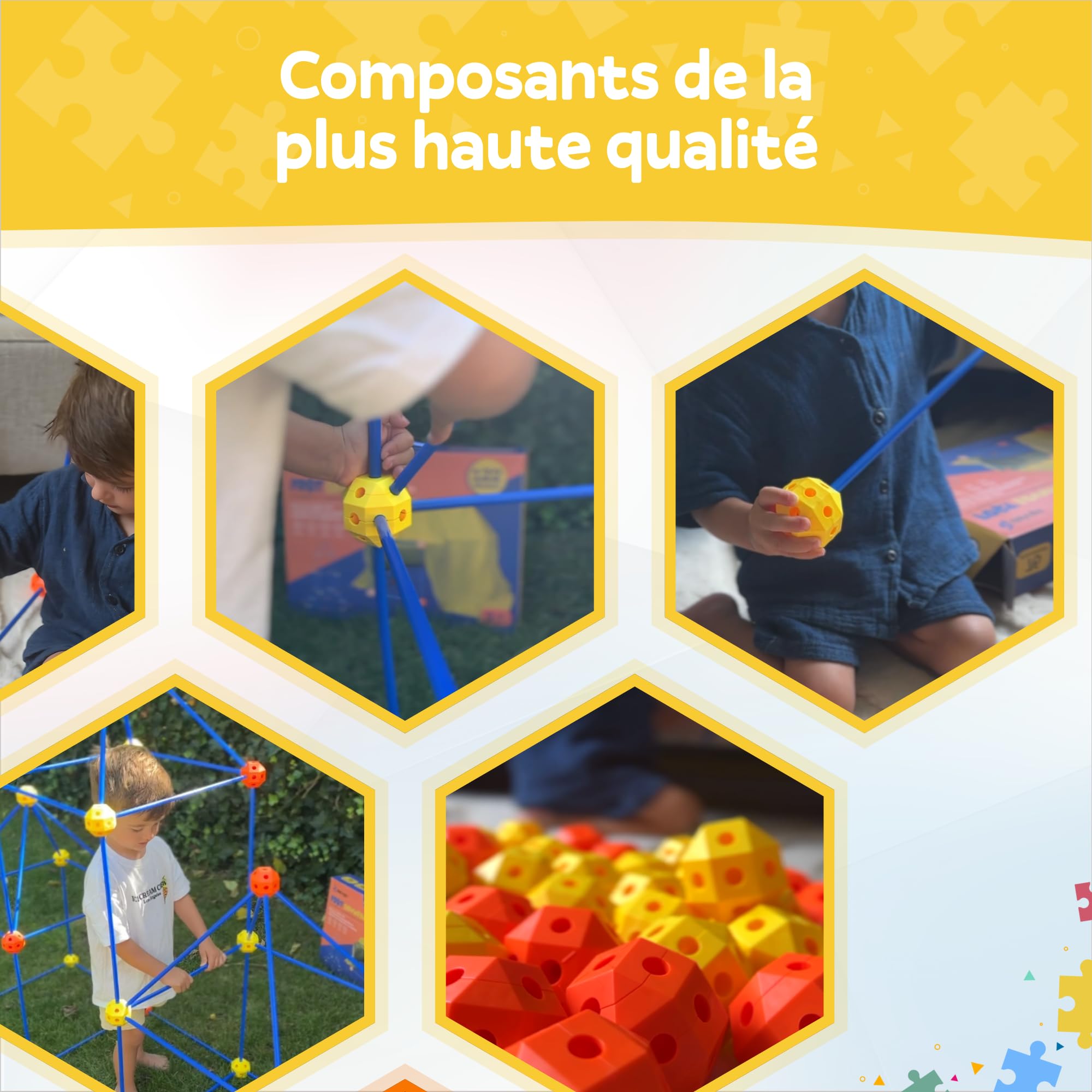 Kit Construction Cabane Enfant XL, 122 Pièces avec 76 Tiges & 46 Boules, Jouet STEM Créatif, Construire Fort, Tente & Château, Indoor & Outdoor, Sac de Rangement & E-Book Inclus