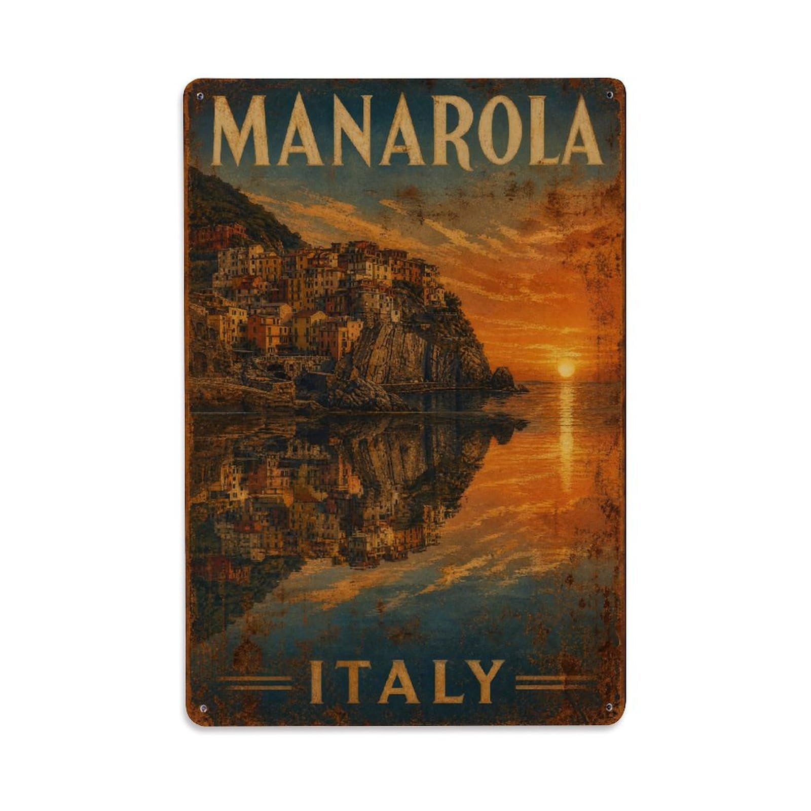 Huiyhb 8X12inch(20X30cm) Vintage Travel Manarola Sunset Reflection Water Mirror Italy Metal Tin Sign