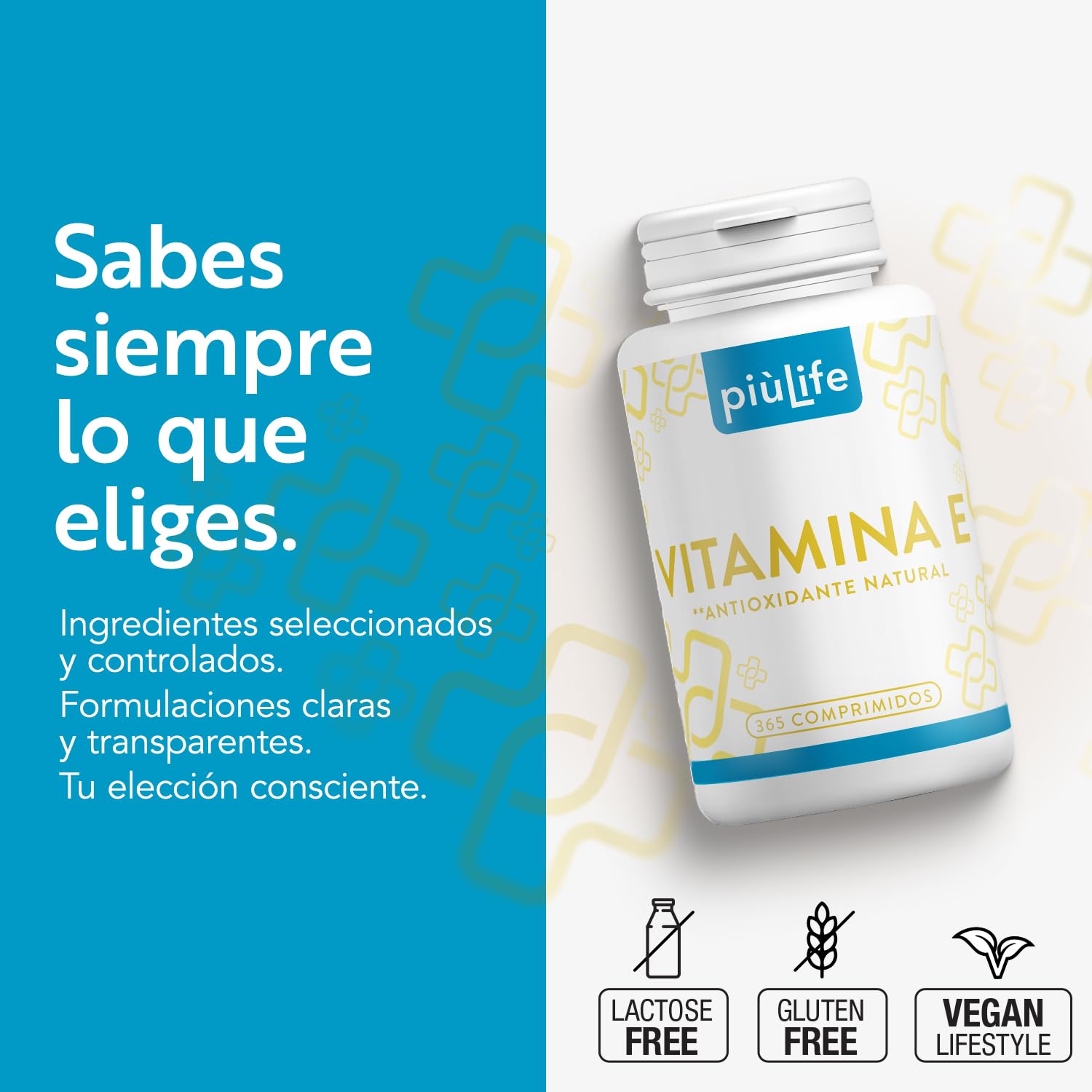 Vitamina E Pura 365 Comprimidos PiùLife, 356 U.I Por Dosis (4 Al Día), Antioxidante Natural Contra Los Radicales Libres, Vitamina E Para La Cara, Piel, Vista, D-Alfa-Tocoferol