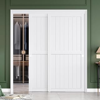 FREDBECK 72x80 White Sliding Bypass Closet Barn Doors with Hardware - Double 37in Panels, Quiet Glide, Space-Saving H Frame