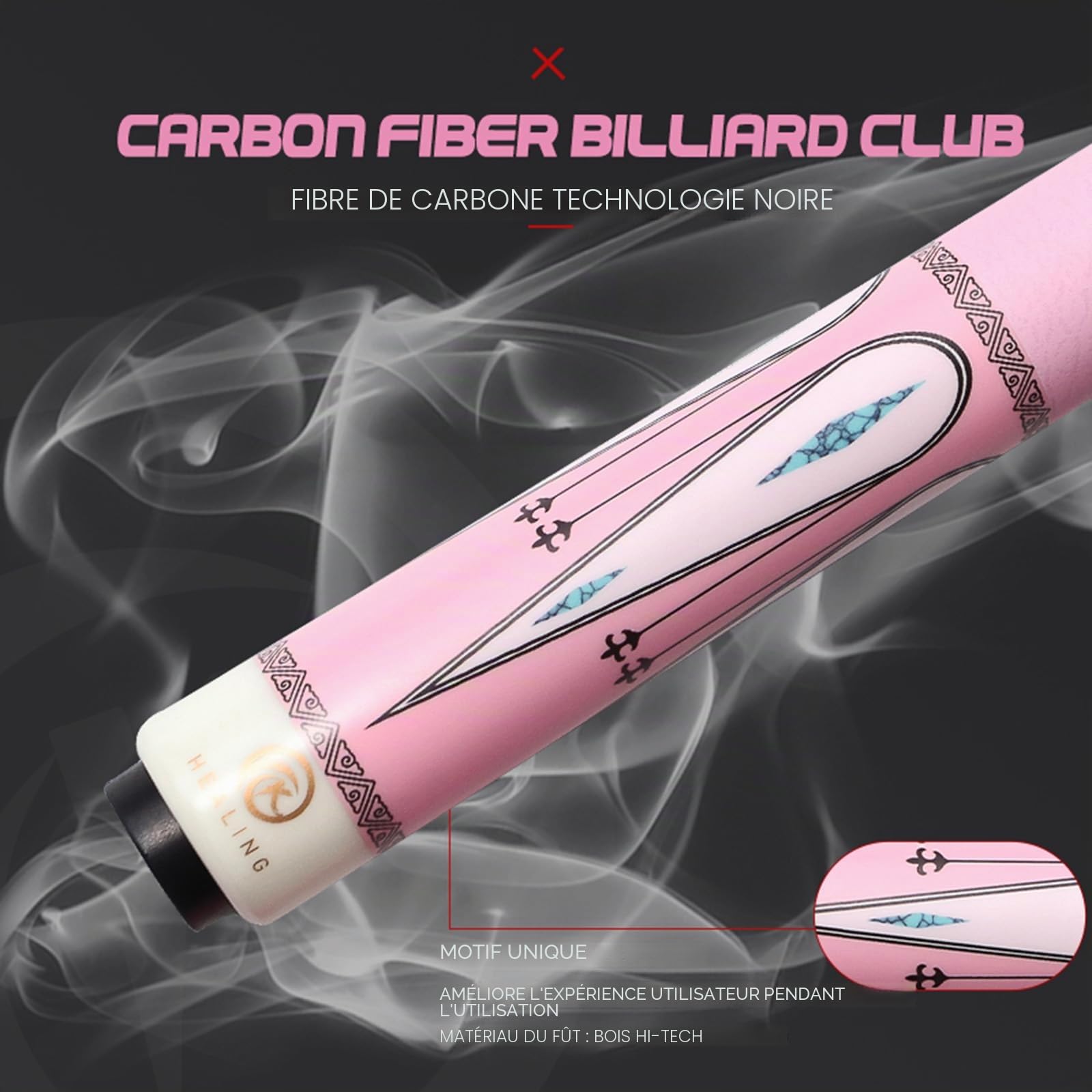 OKHEALING T700 Attelle de billard rose pour femme en fibre de carbone - Tête de 12,9 mm, 1/2 articulation, attelle de billard et snooker professionnel pour débutants et joueurs expérimentés, attelle