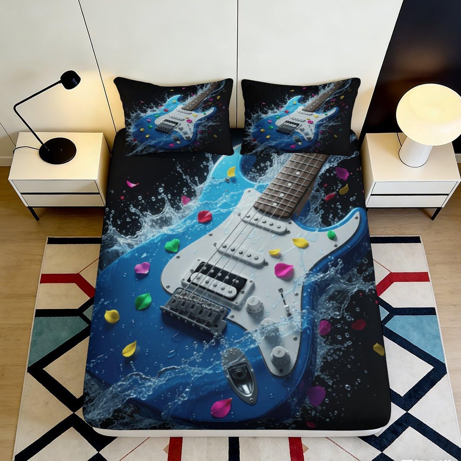 3D Printed Blue Electric Guitar Fitted Sheet Microfiber Splash Art Mattress Cover for Bedroom Dorm Protector Decor 120x200x25cm