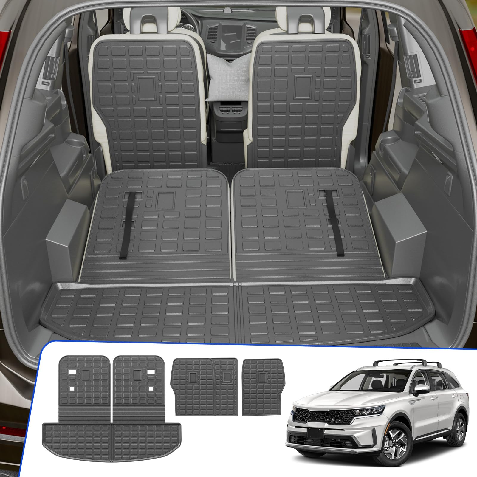 Rongtaod Trunk Mat Compatible with 2021-2025 Kia Sorento 6&7 Seats Cargo Mat Cargo Liner Trunk Liner Back Seat Cover Protector 2024 Sorento Accessories (Trunk Mat+2nd&3rd Row Backrest Mats)