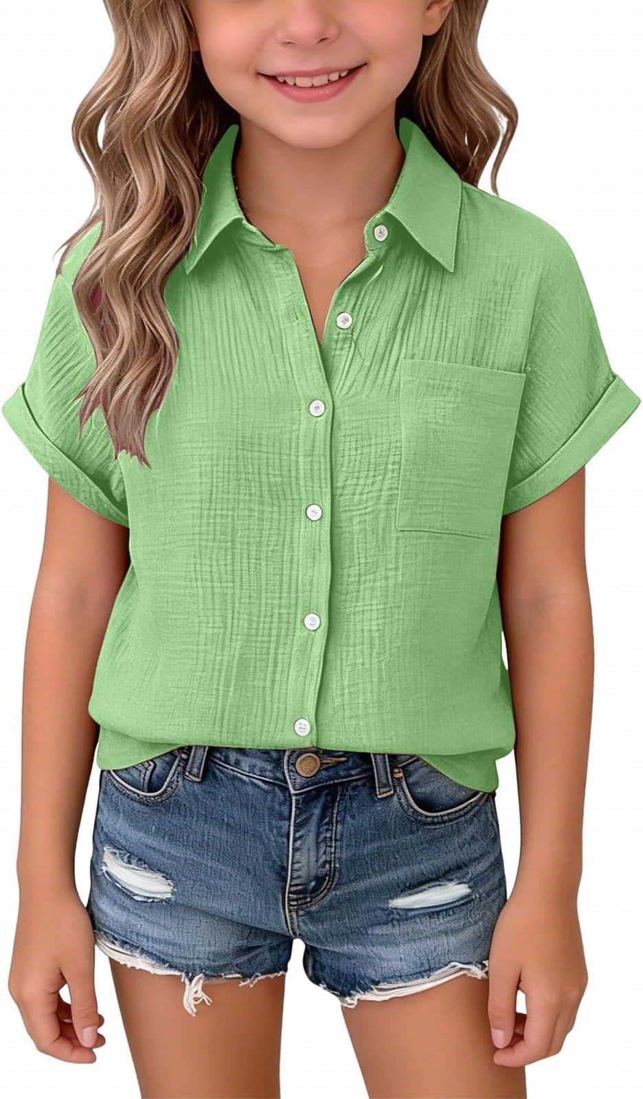 Kids Girls Blouse Short Sleeve Summer Breathable Shirts Lapel Collar Casual V Neck Tops Elegant Solid Color Button Down Tshirts Lightweight Cotton Linen Basic Loose Tunic T Shirts Tops with Pocket