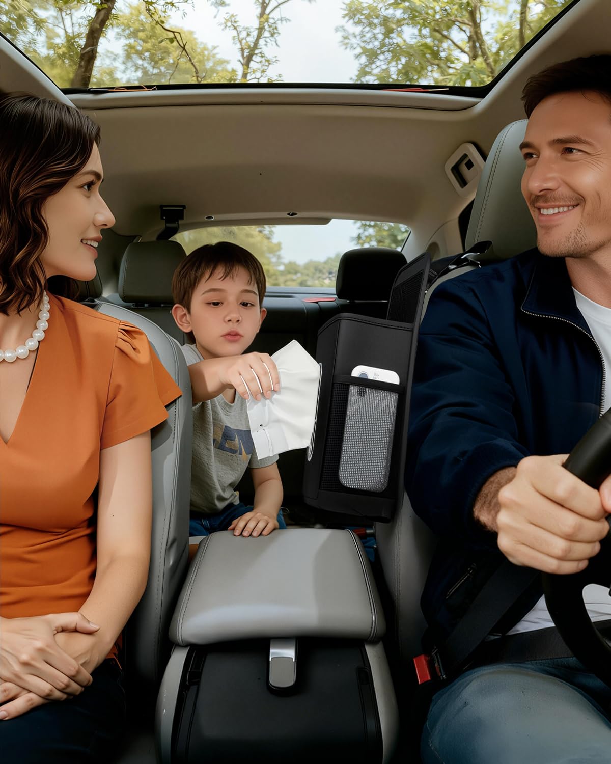 Organizador de asiento de coche – Soporte de pañuelos de tamaño completo, se adapta a pañuelos de 200 unidades, instalación estable, montaje lateral con 3 bolsillos de malla, piel sintética