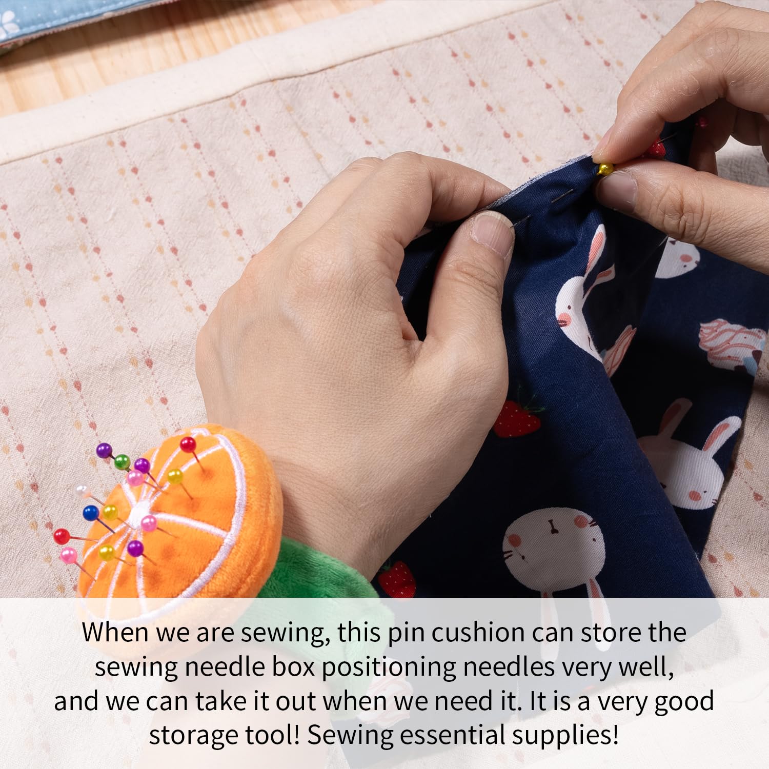 Orange Wrist Pin Cushion for Sewing Snap Bracelet Wrist Bands Pincushion Organizer for Pins and Needles Include 80 Pearl Ballhead Pins and 18 Sewing Needles - Image 2